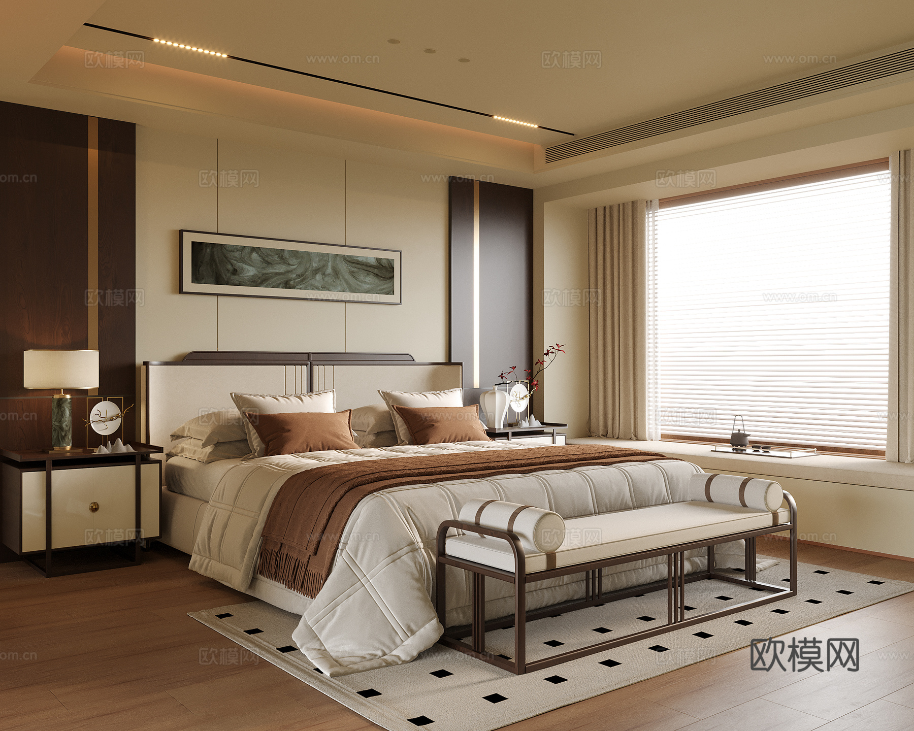 现代卧室 双人床 床头柜su模型