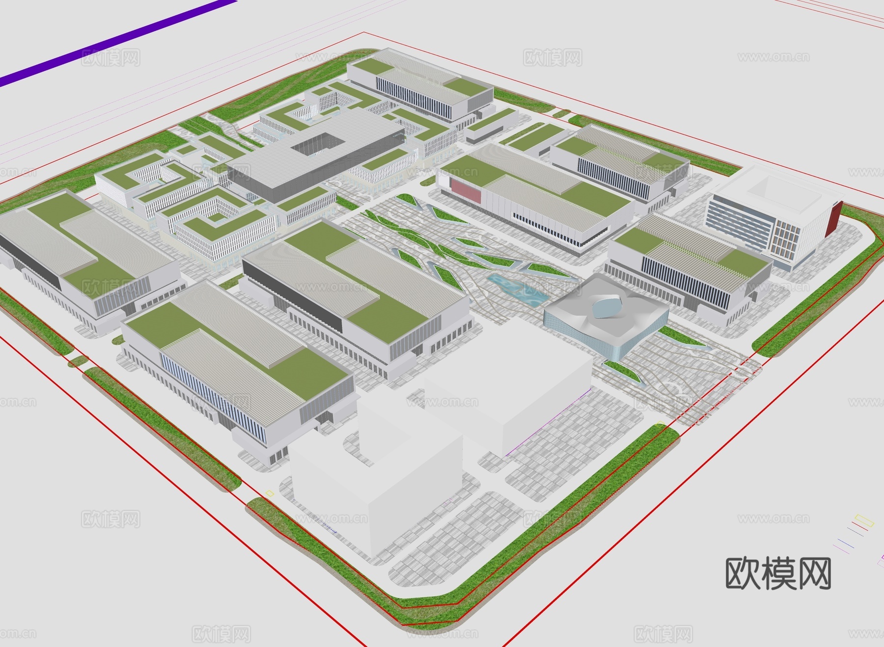 现代制造产业园 厂业园厂房建筑 产业园鸟瞰图su模型