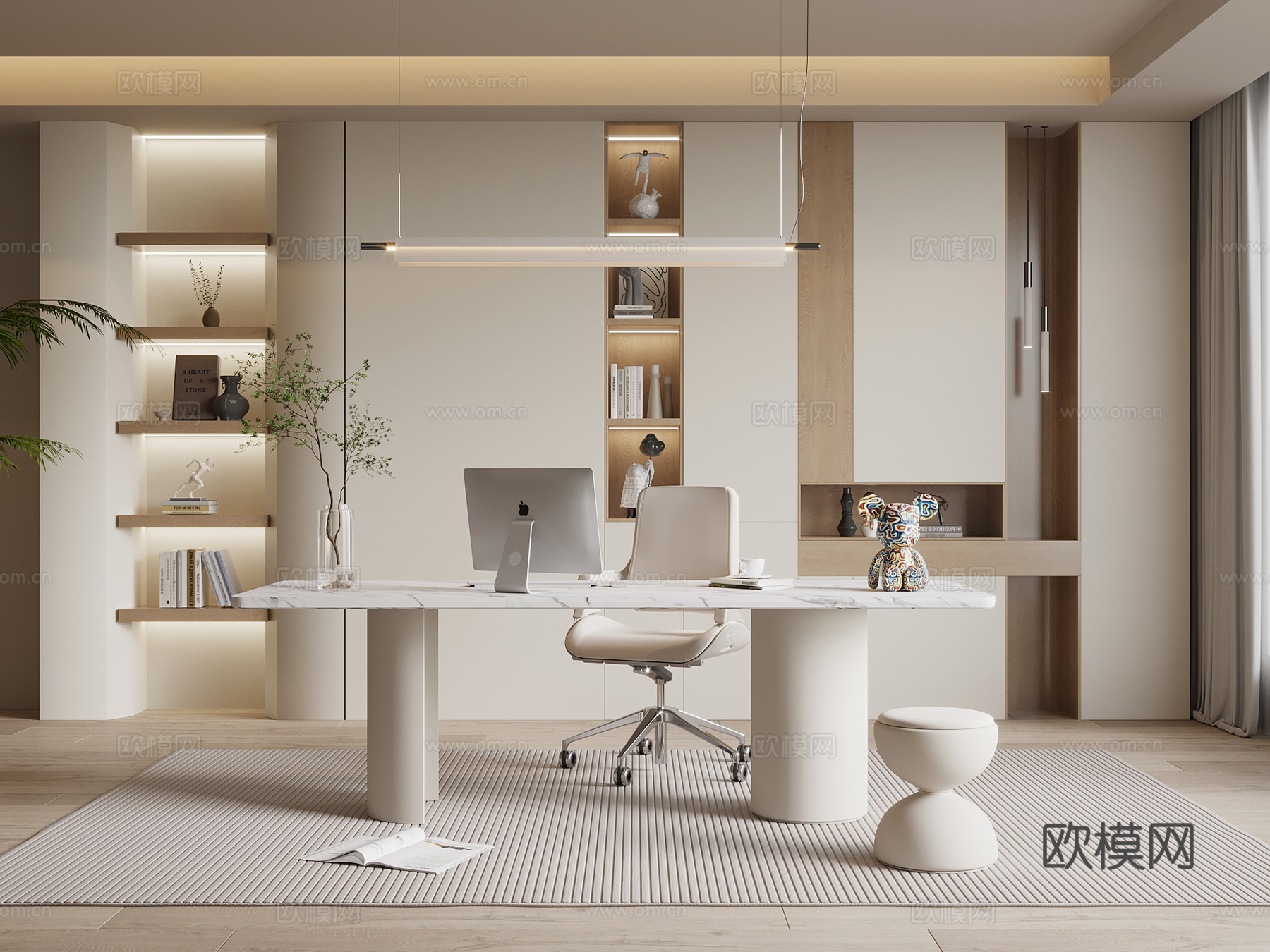 现代奶油风书房 书柜 书桌椅su模型