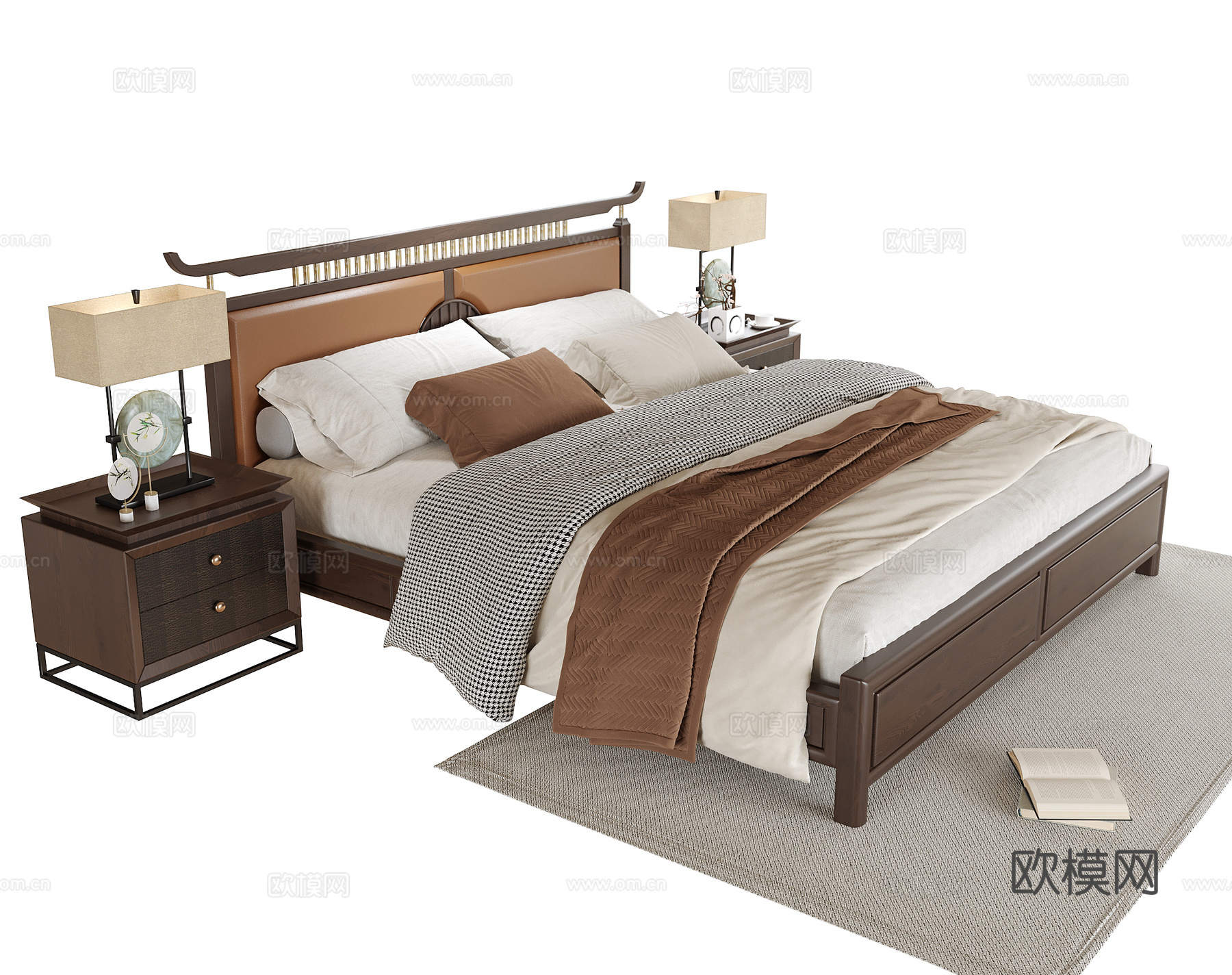 新中式双人床 床头柜su模型