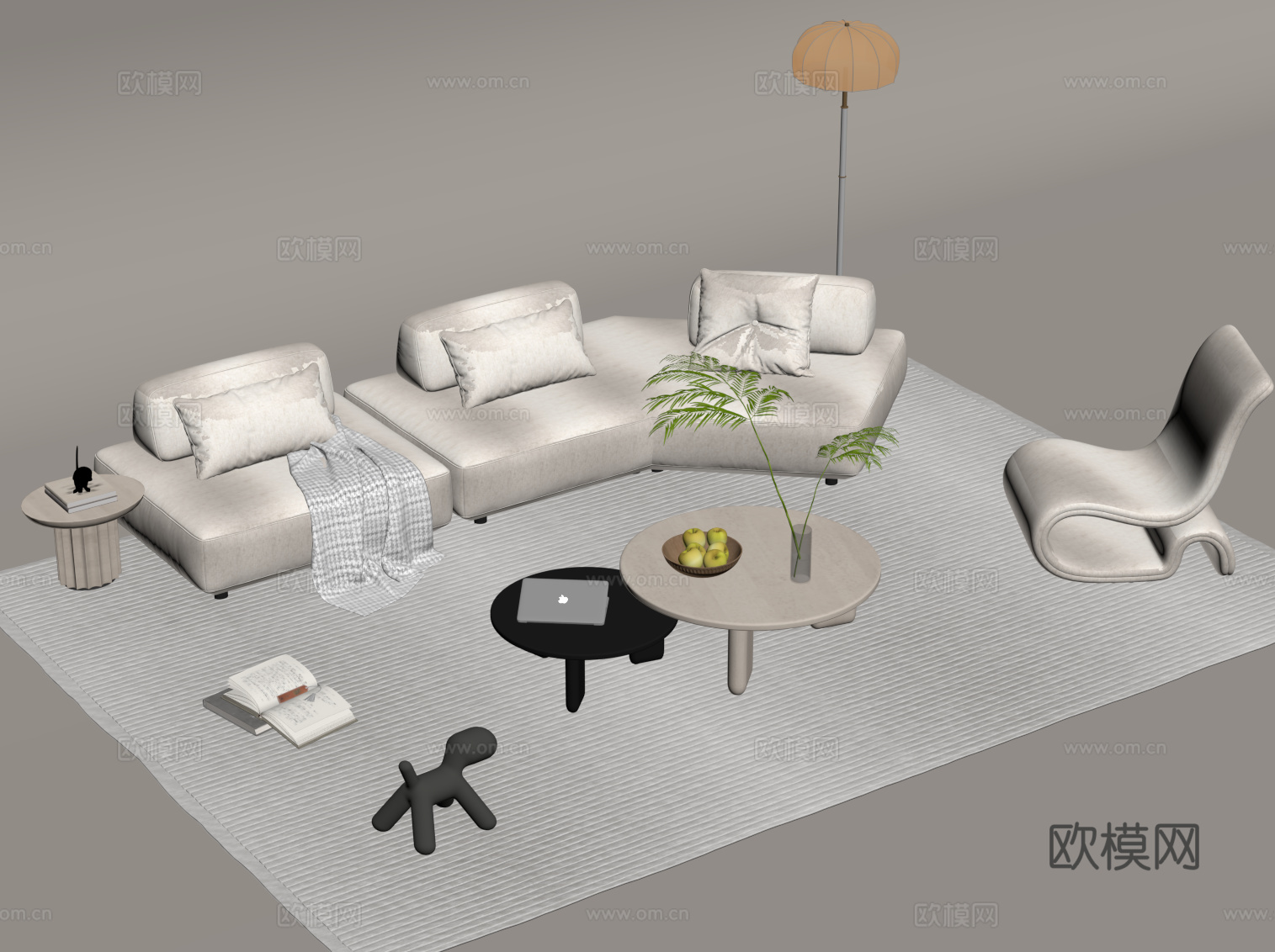 现代奶油风沙发茶几组合su模型