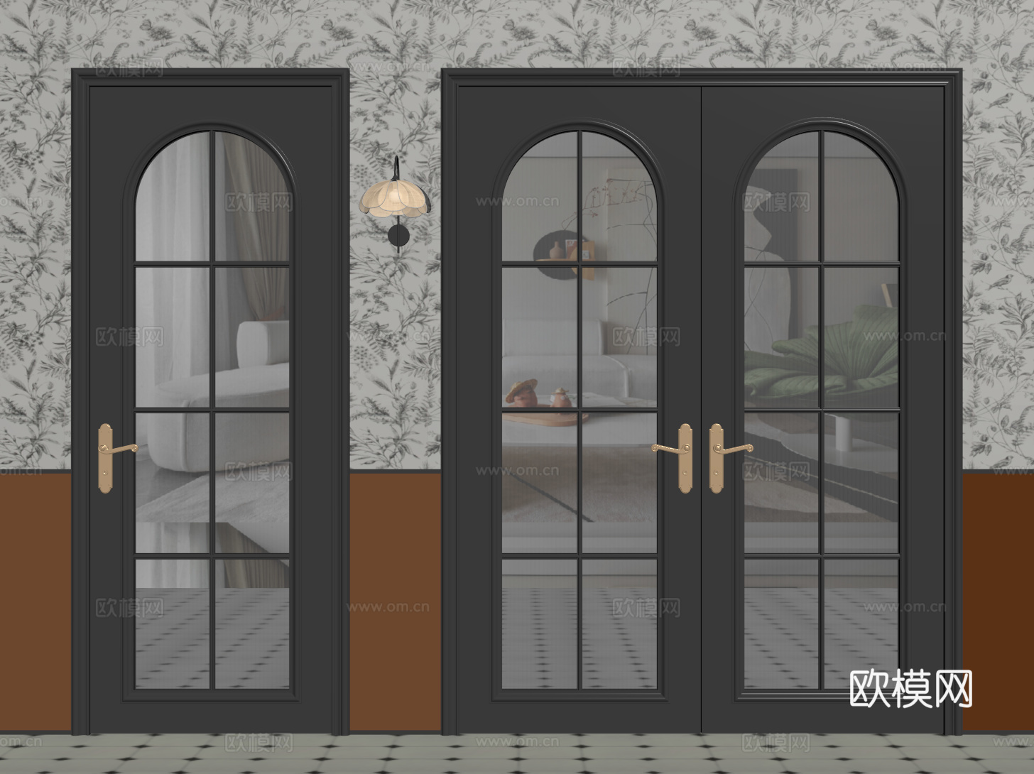 法式复古双开门 单开门 长虹玻璃门 防盗门 平开门su模型