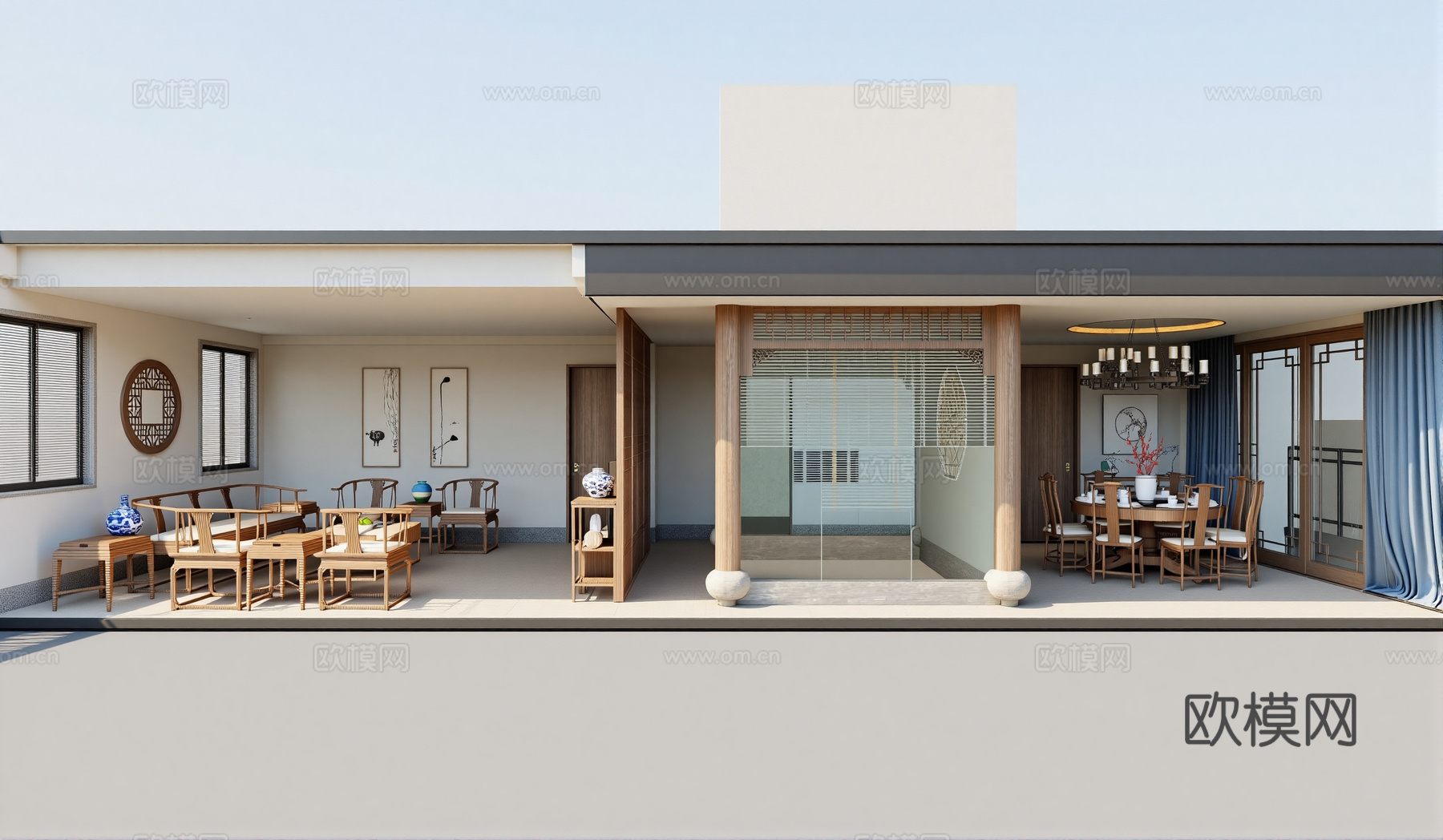 中式别墅客餐厅su模型