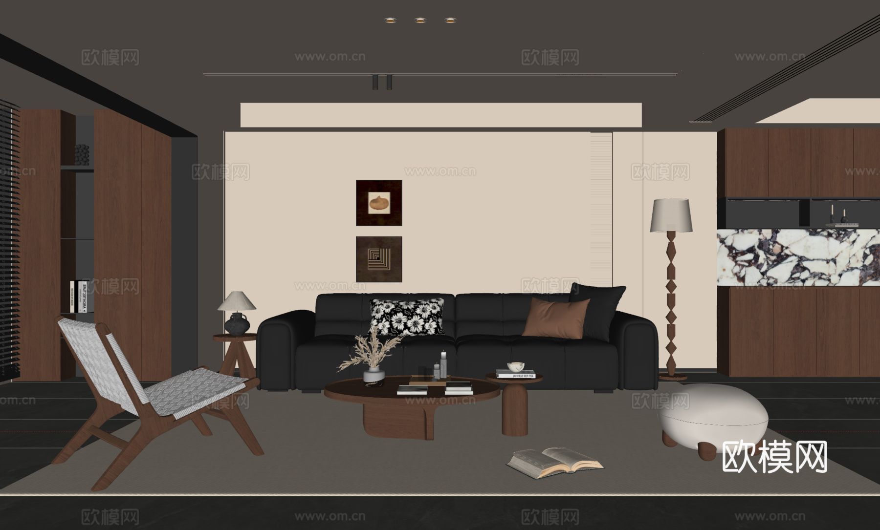 现代中古风客厅 沙发茶几 多人沙发 休闲椅 挂画 落地灯 地su模型