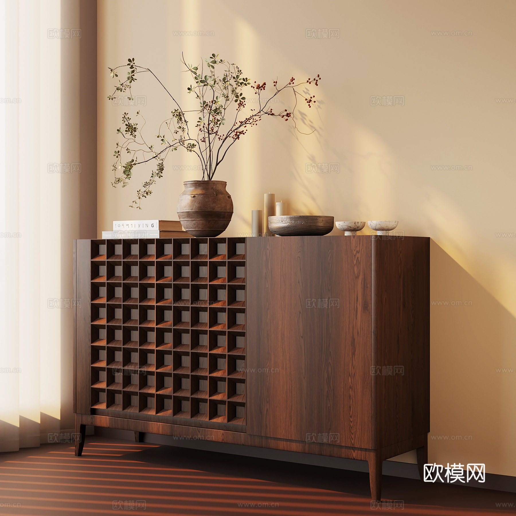 新中式玄关 柜端景柜su模型下载（渲染图1）