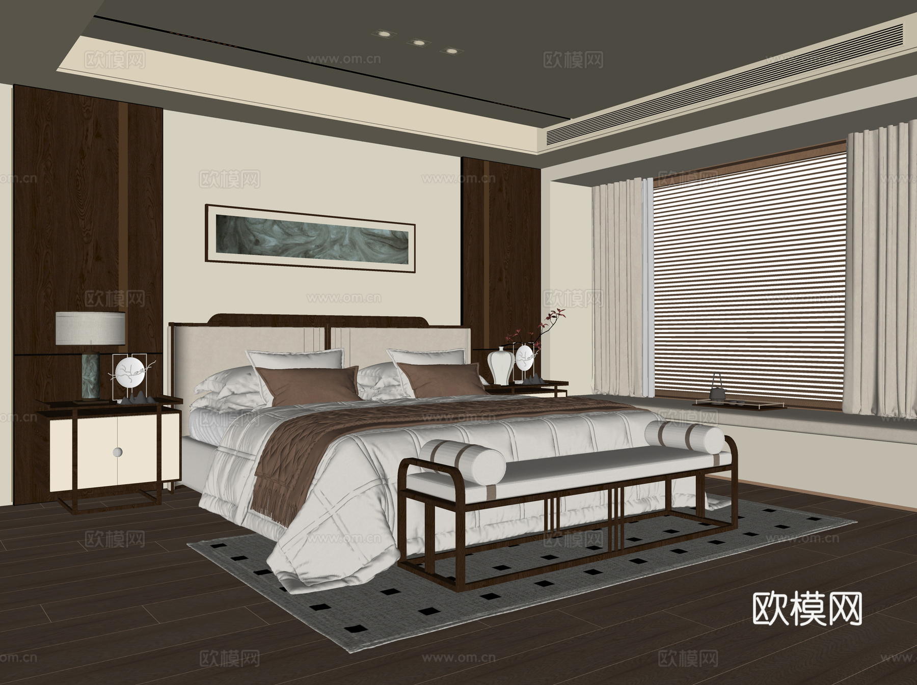 现代卧室 双人床 床头柜su模型