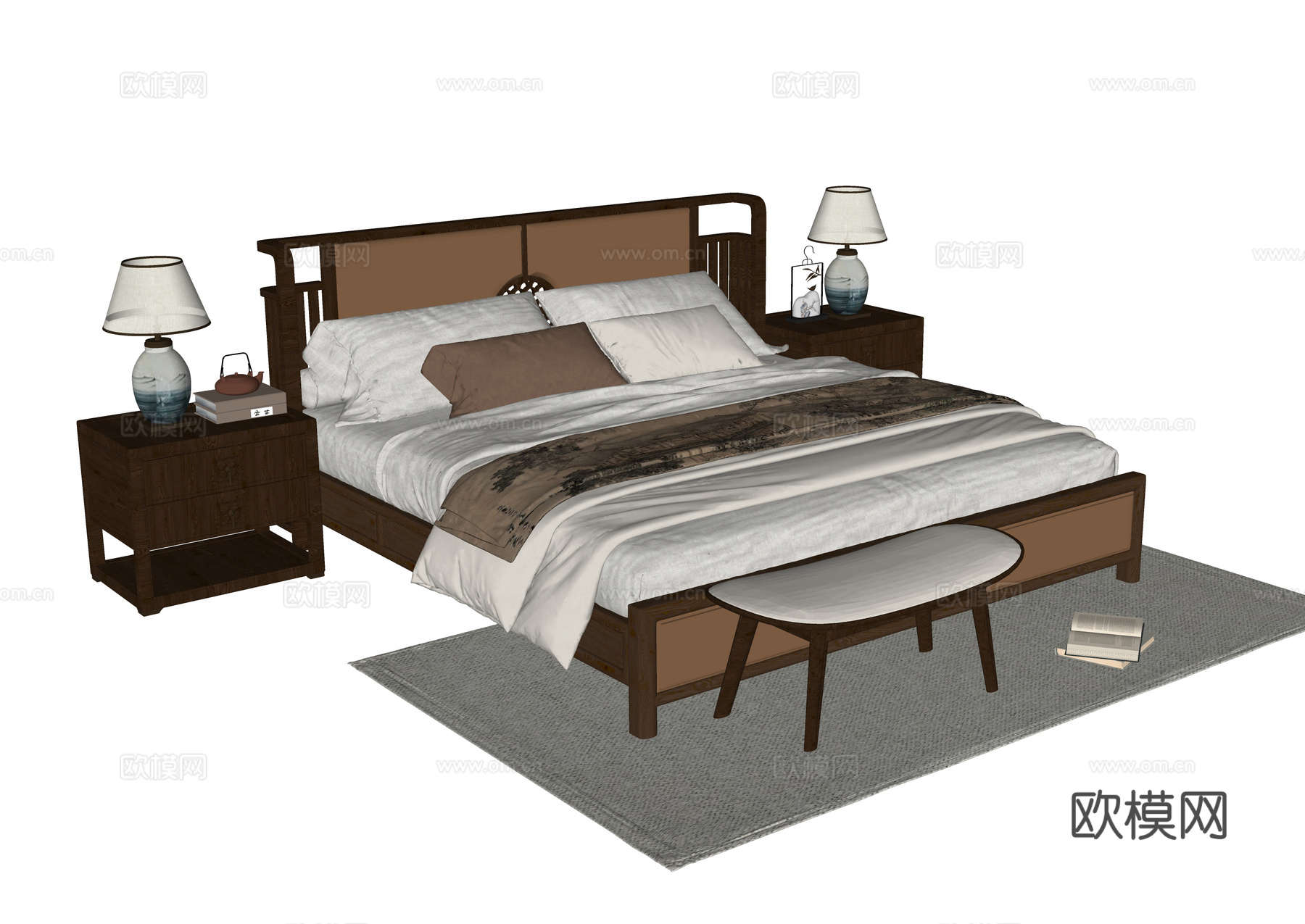 现代双人床 床头柜su模型
