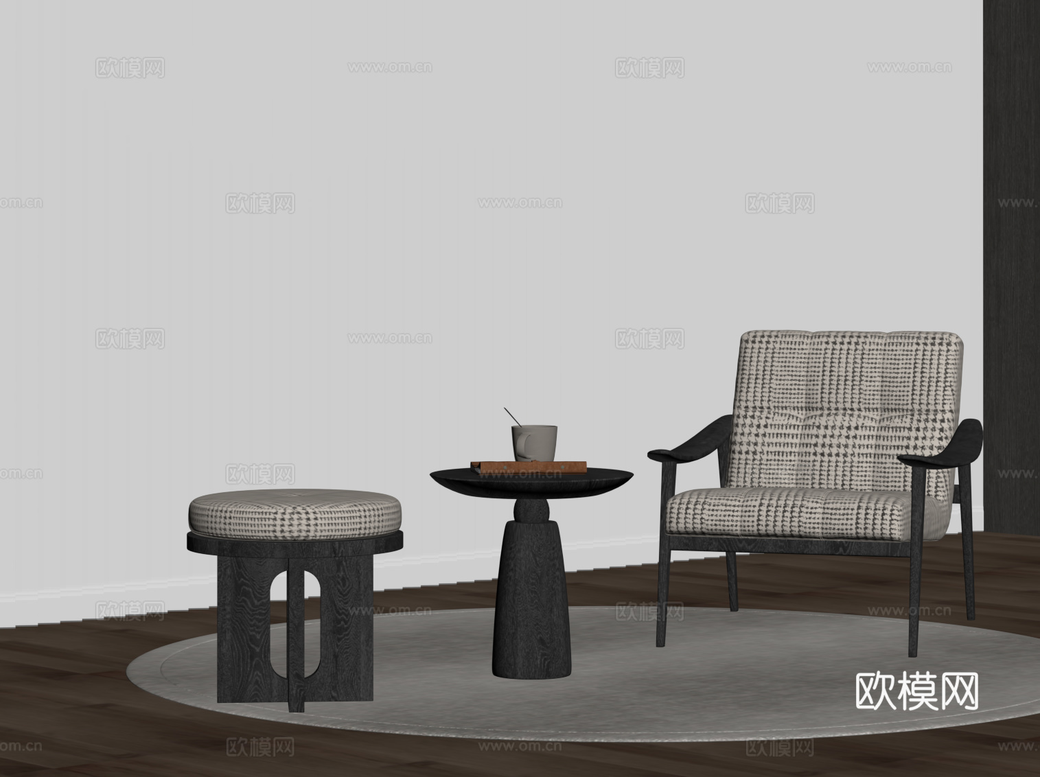 现代中古风休闲椅 边几 凳子su模型