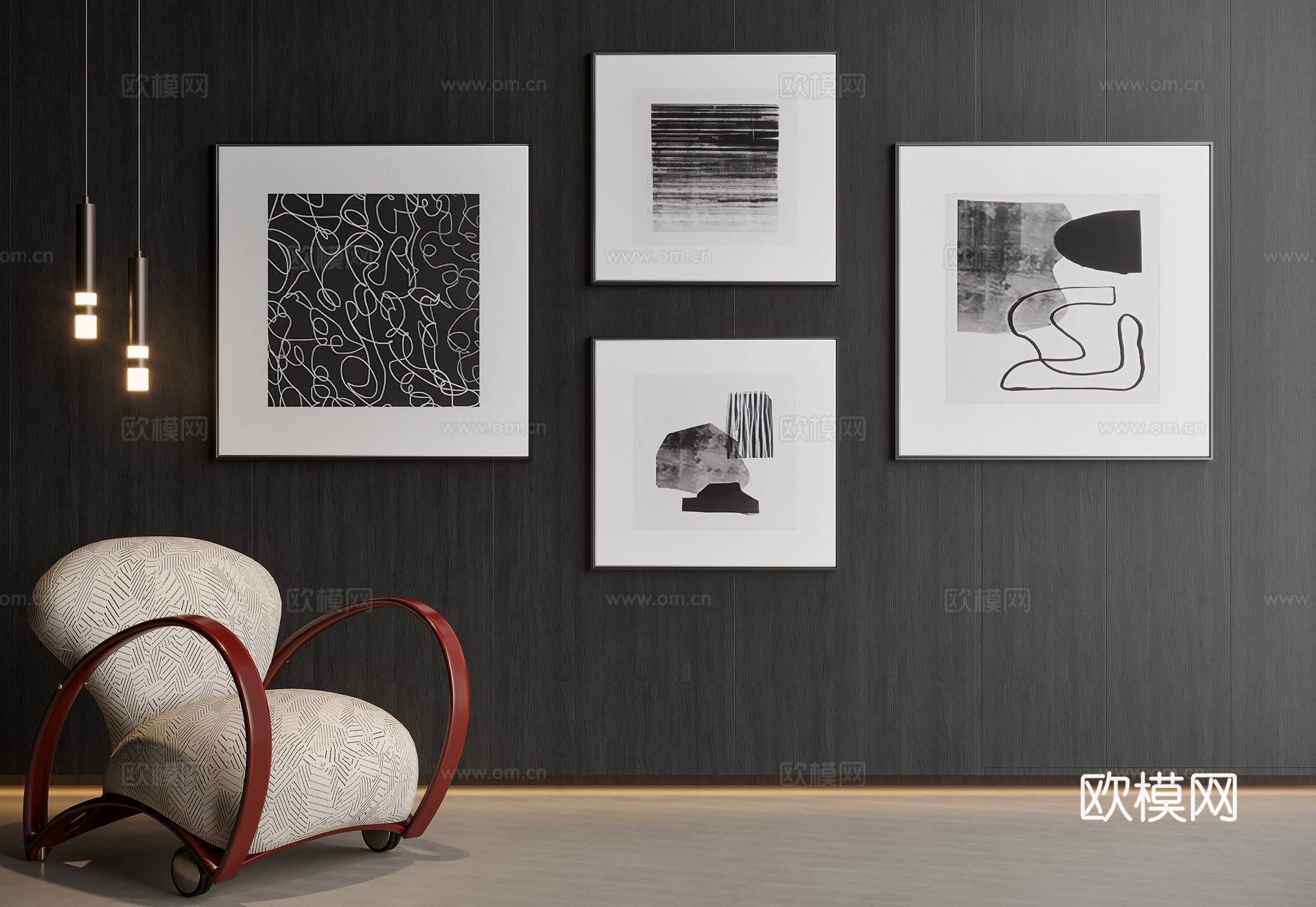 现代极简组合挂画su模型