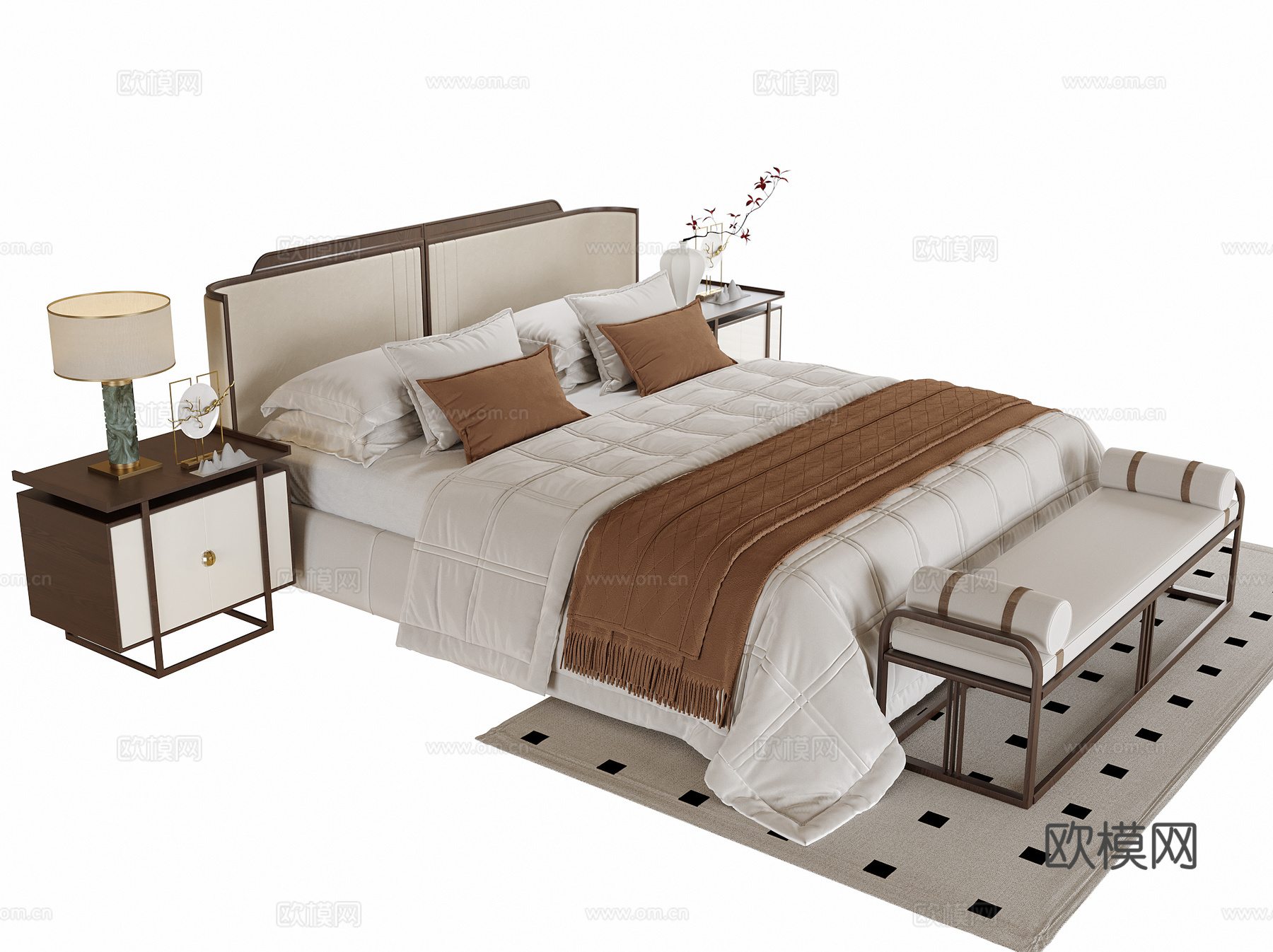 现代双人床 床尾凳 床头柜su模型