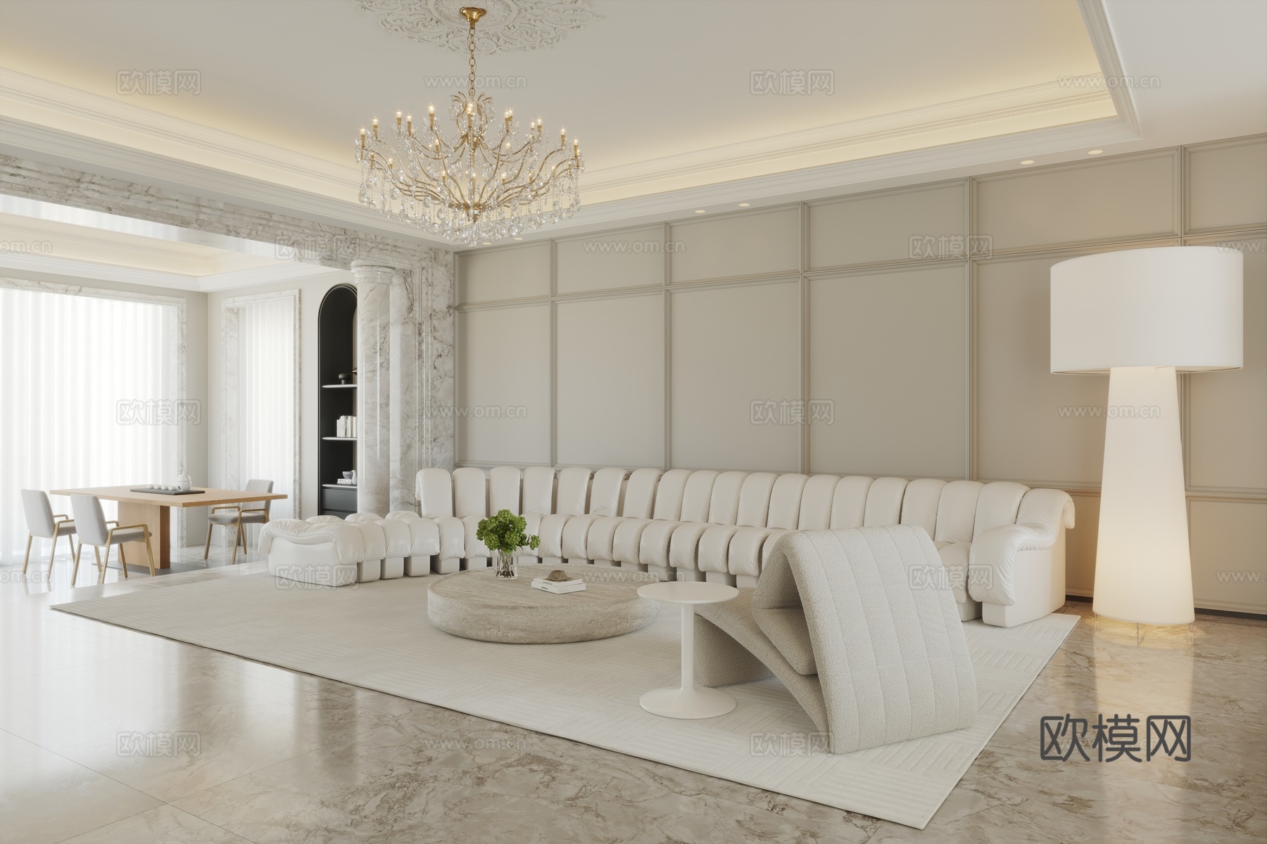 法式客厅 欧式客厅 简欧客厅 毛毛虫沙发 洞石茶几 大影灯3d模型下载（渲染图2）