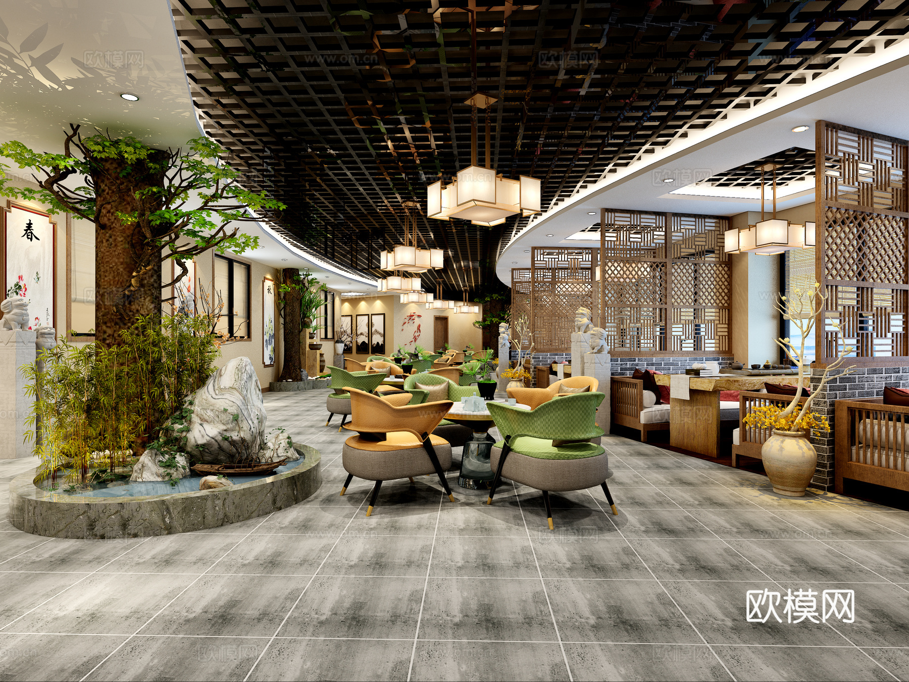 新中式茶餐厅3d模型下载