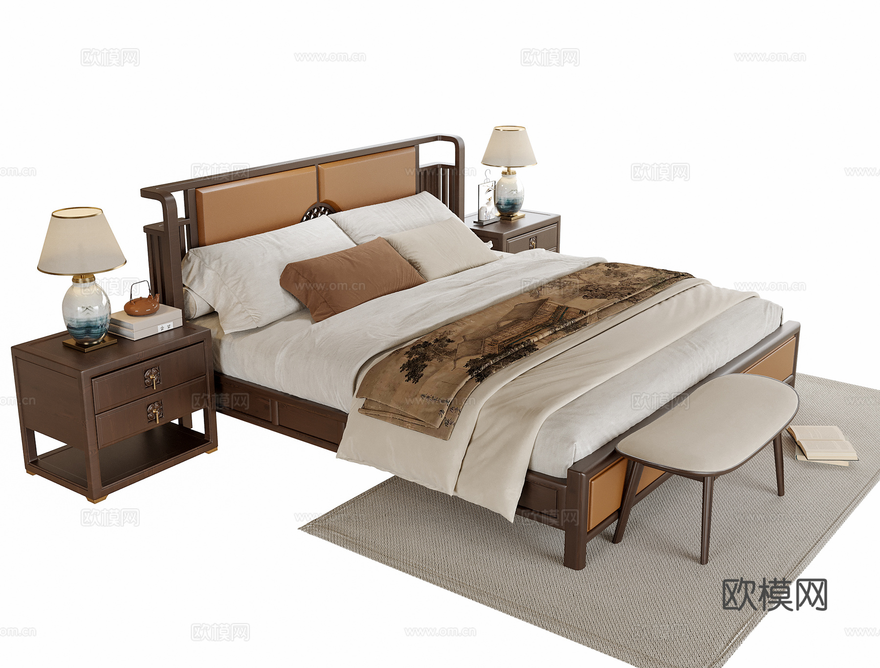 现代双人床 床头柜3d模型下载