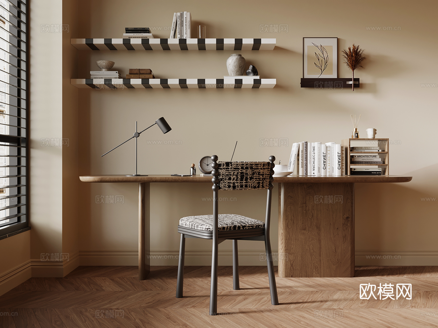 中古风书桌椅 书架3d模型下载