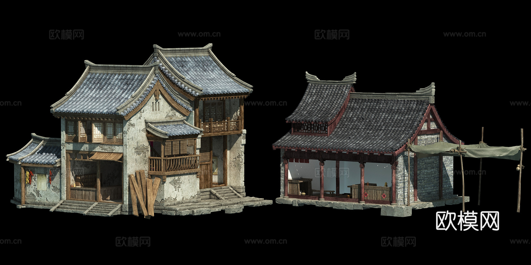 中式古建筑老房子废墟3d模型下载