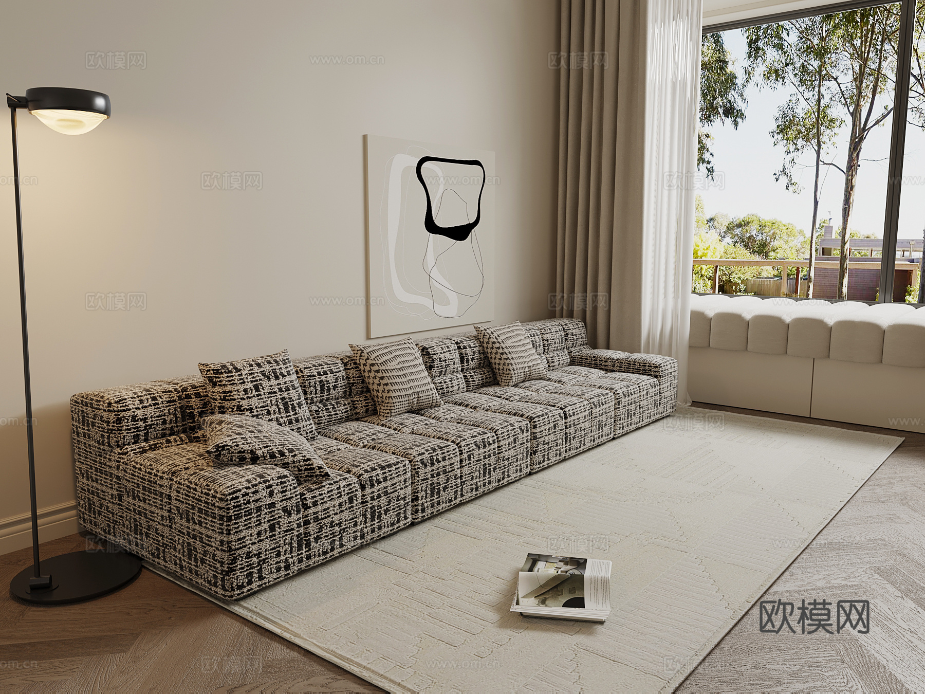 现代布艺沙发 多人休闲沙发su模型
