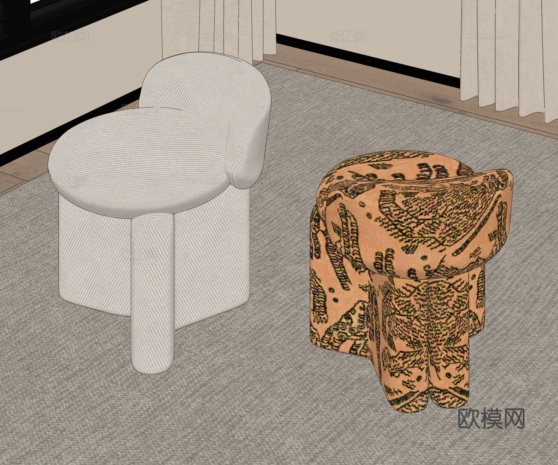 中古风梳妆凳 化妆凳 沙发凳 换鞋凳su模型