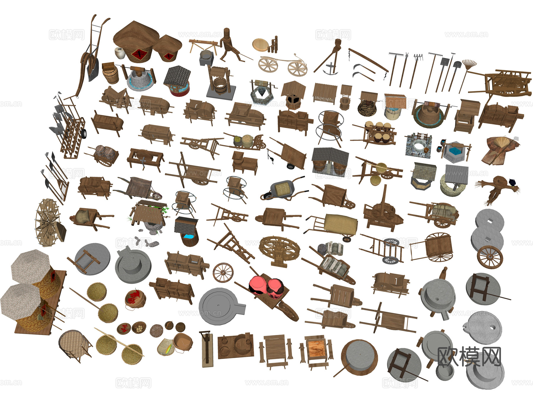 中式乡村农耕小品 农村农具 石磨石碾 板车 推车犁耙农家小品su模型