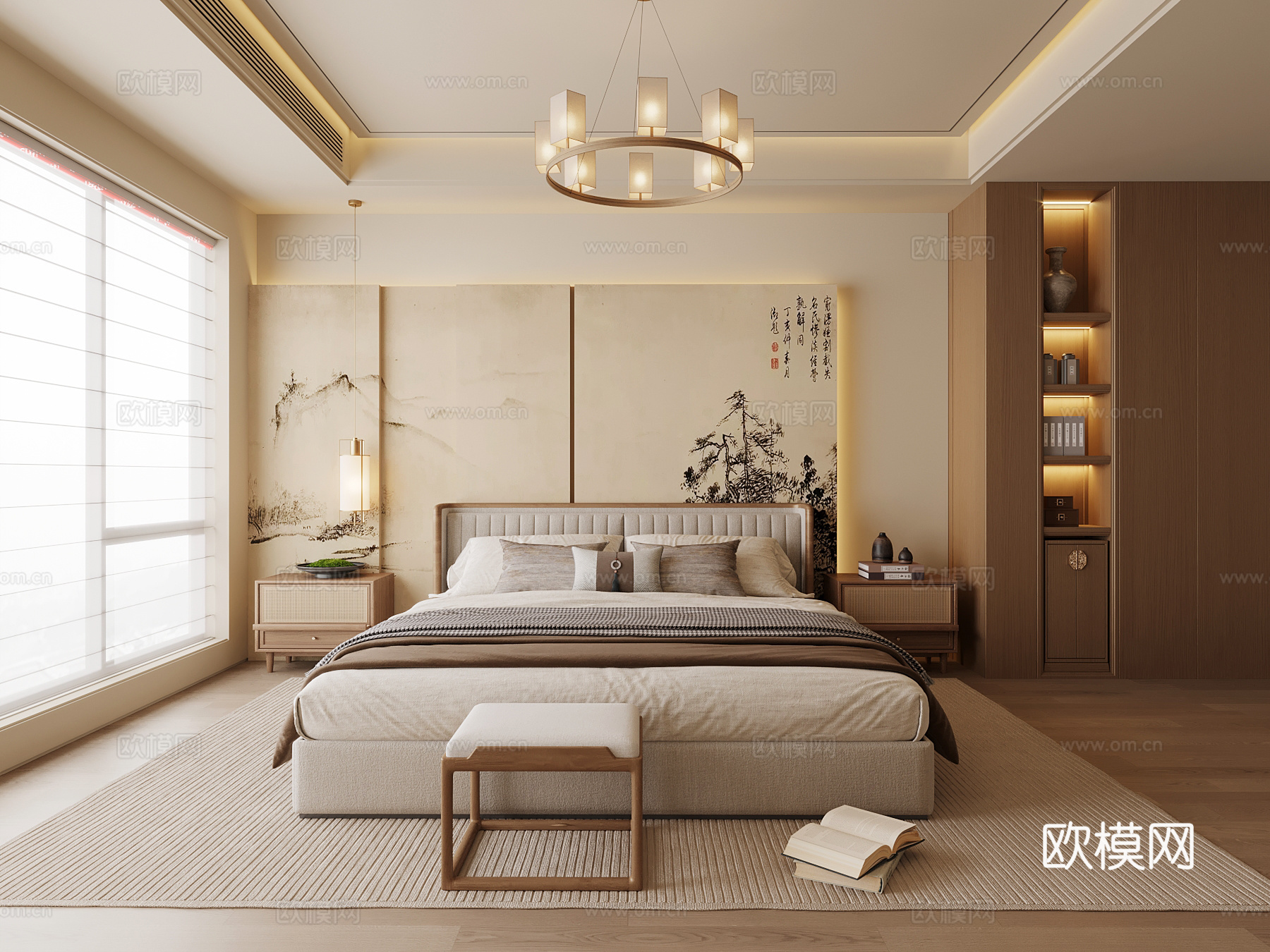 新中式卧室 双人床su模型