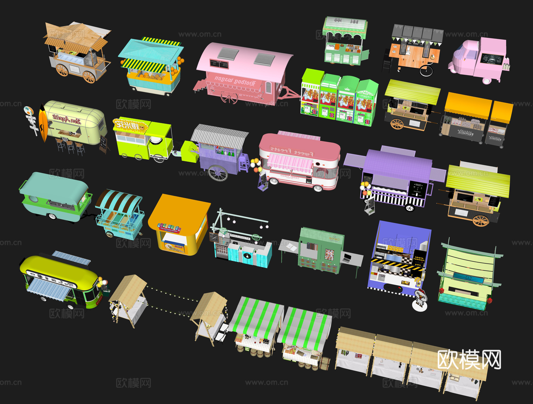 现代售卖亭 摊位车 商业售卖车 网红快餐车 小推车 汽车餐厅su模型