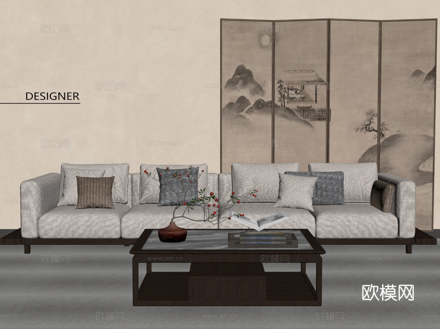 新中式多人沙发 宋氏风沙发茶几组合su模型
