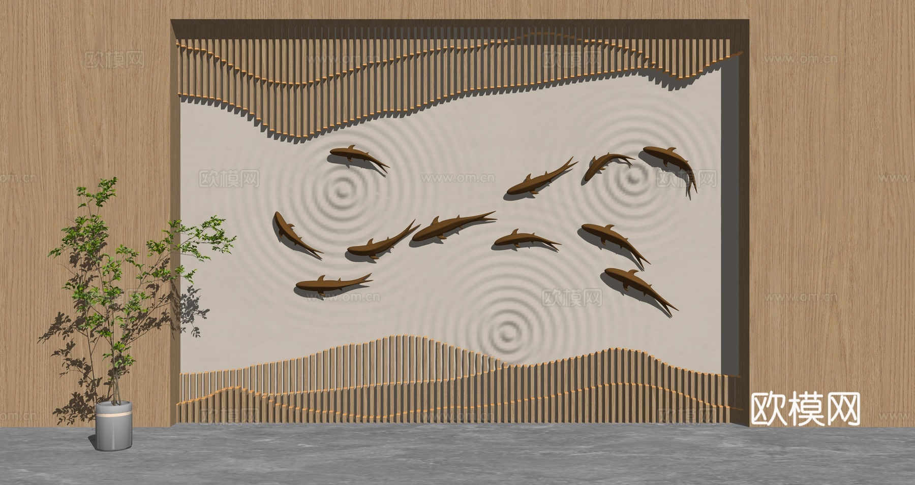 新中式鱼群 游鱼背景墙 文化墙su模型