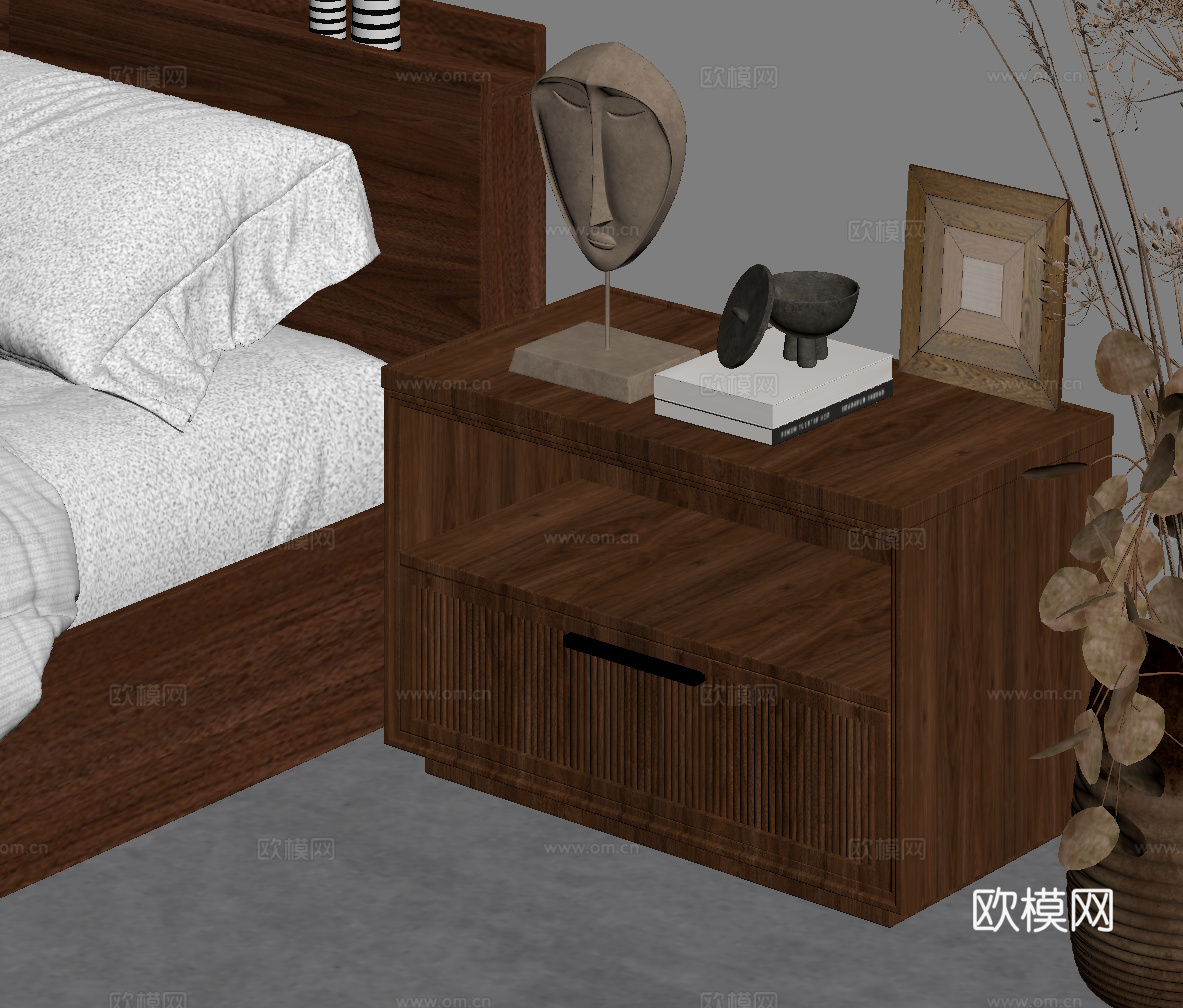 现代中古风床头柜su模型
