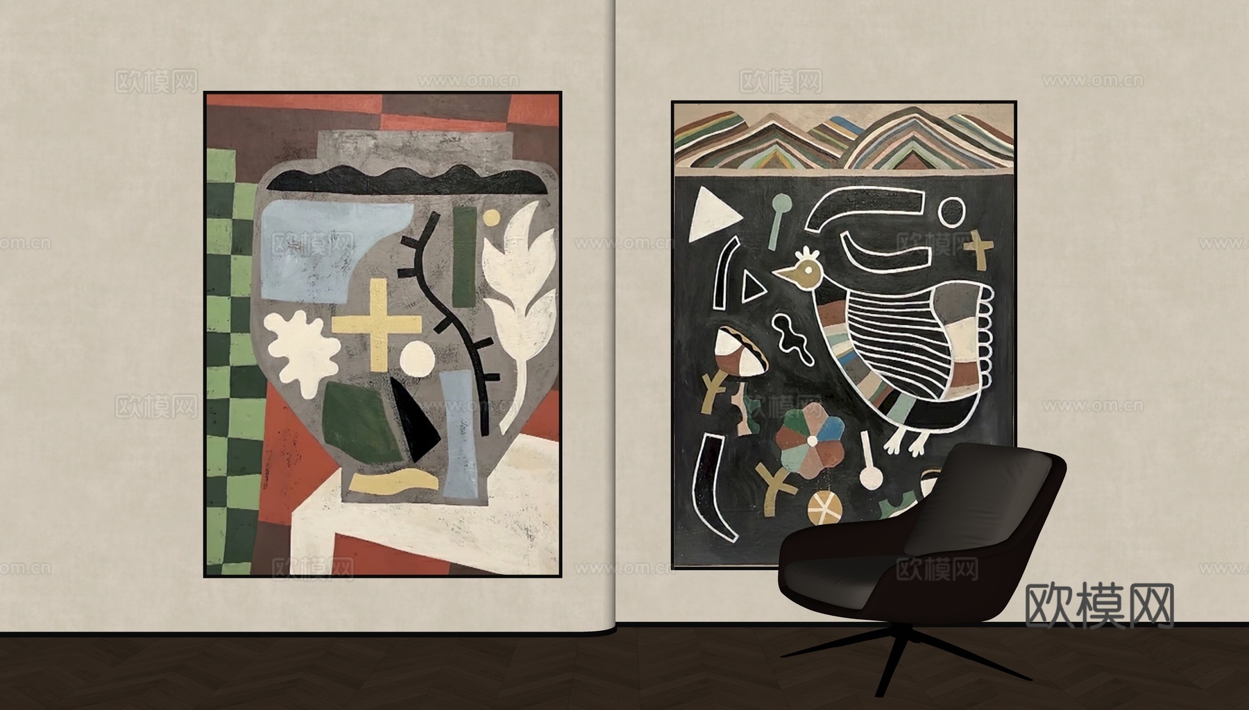 现代中古风装饰画su模型