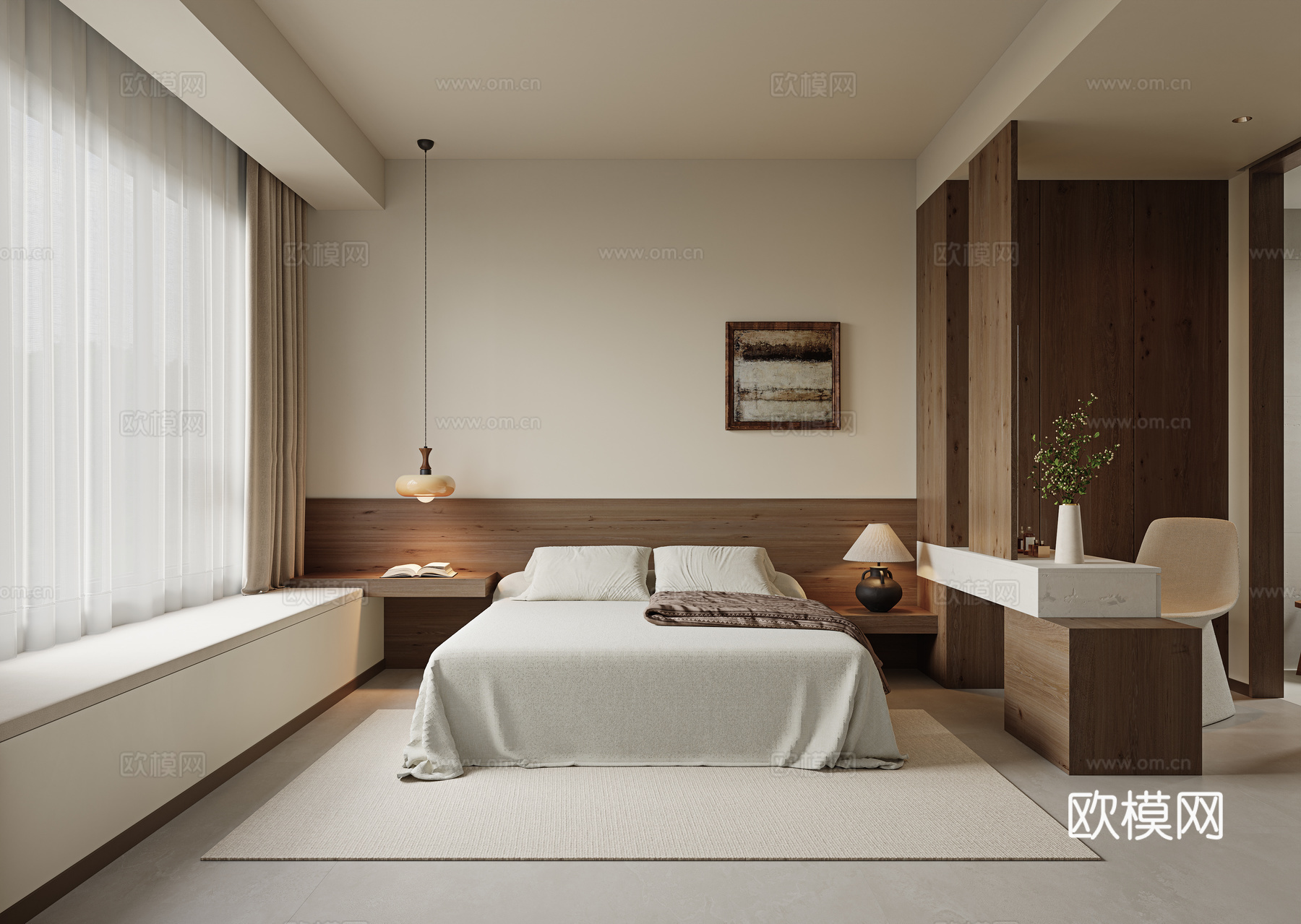 侘寂风卧室 主卧室 无主灯卧室 布艺双人床 吊灯 梳妆台su模型