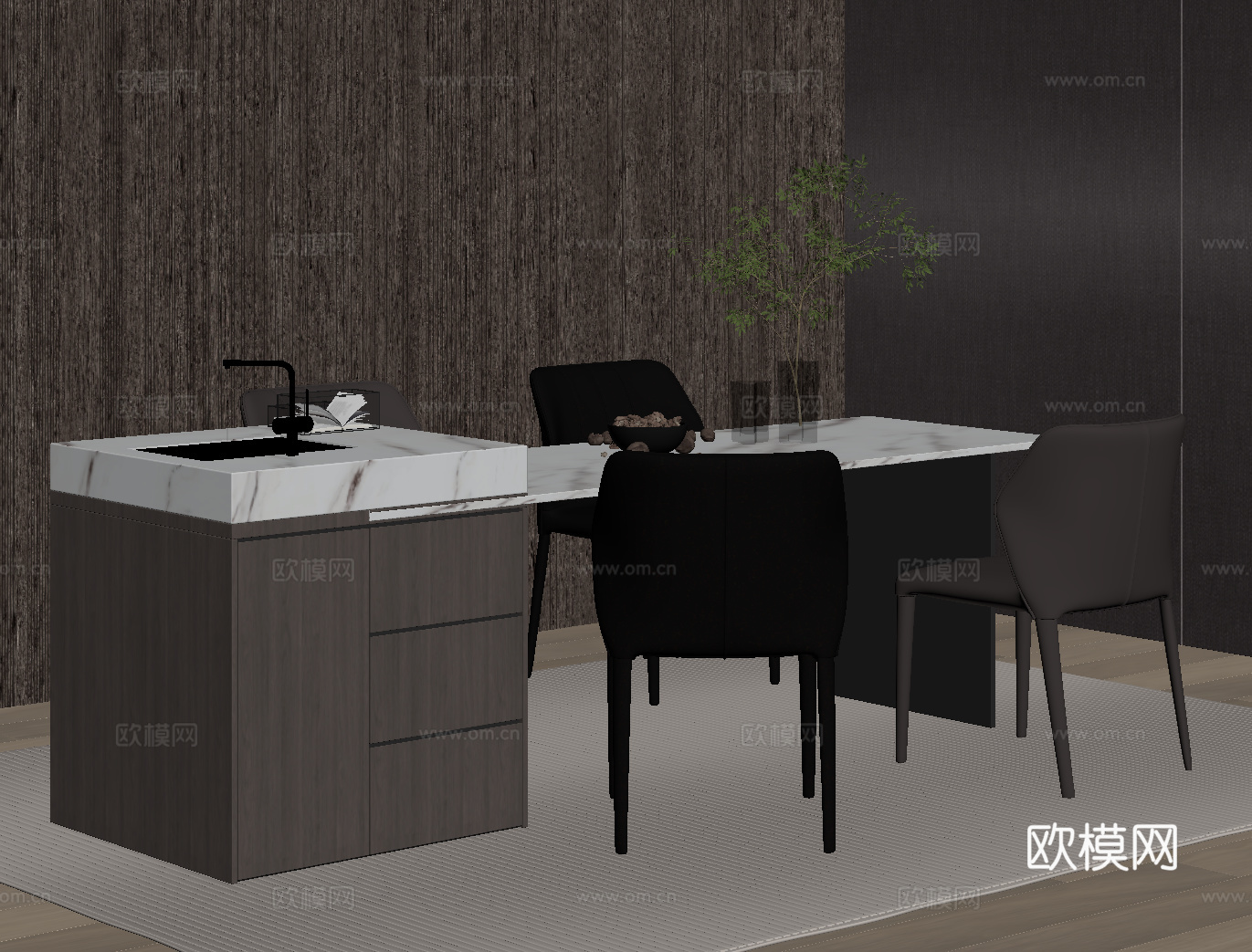 现代意式岛台 开放式餐桌椅su模型