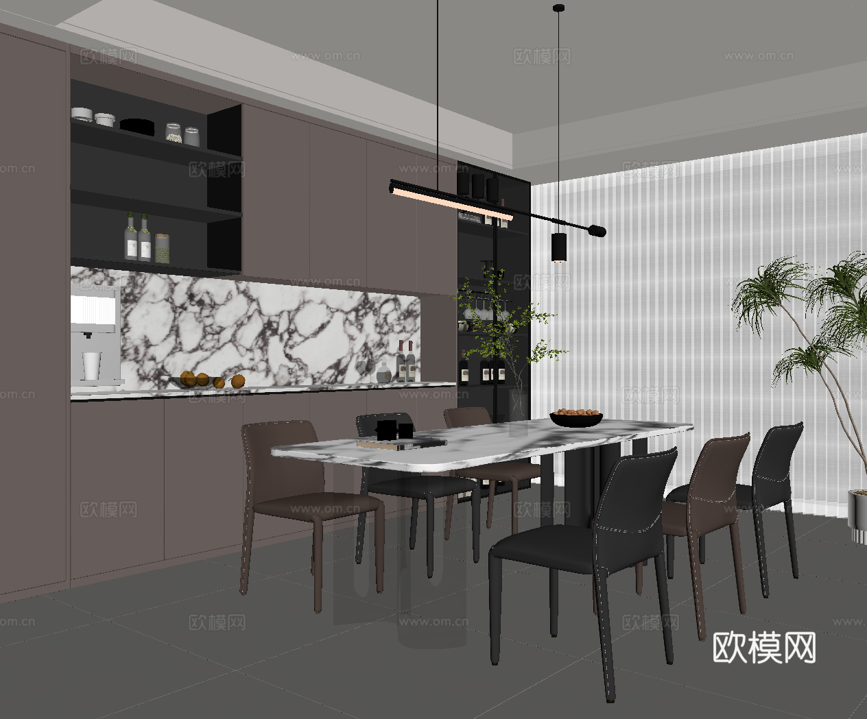 现代意式餐厅 餐桌椅 意式酒柜su模型