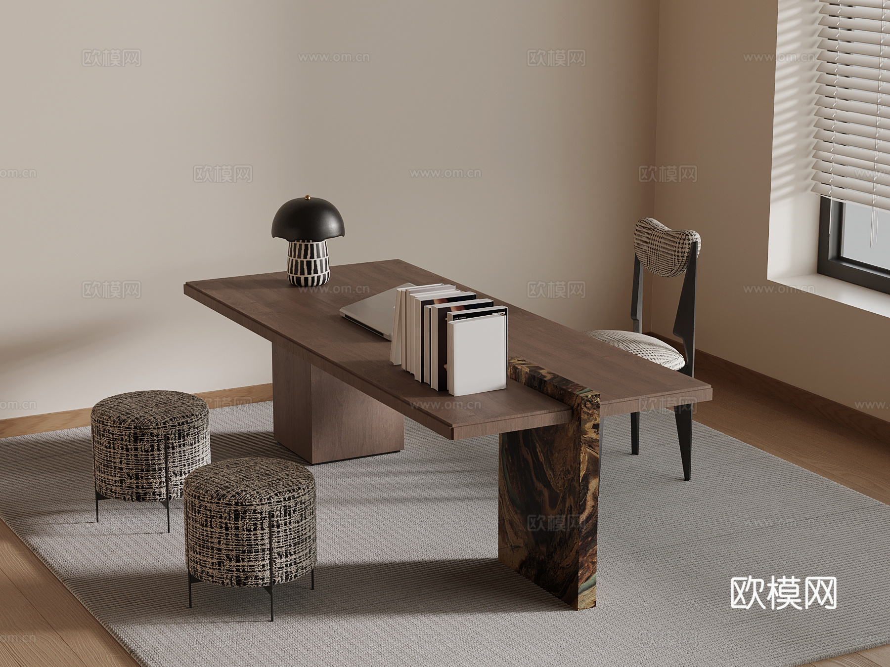 现代中古风书桌椅su模型