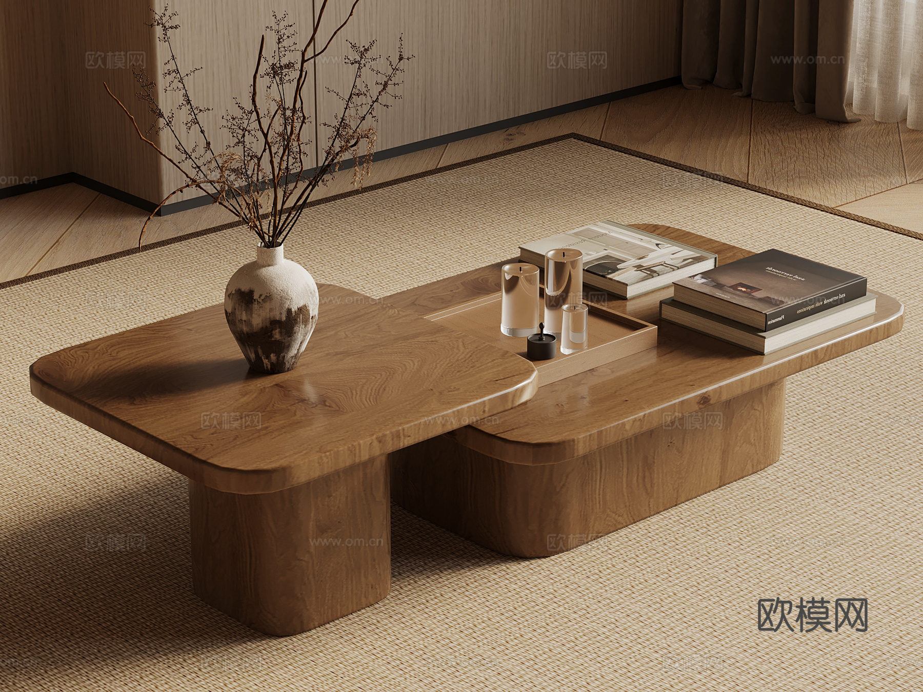 现代中古风茶几 实木茶几su模型