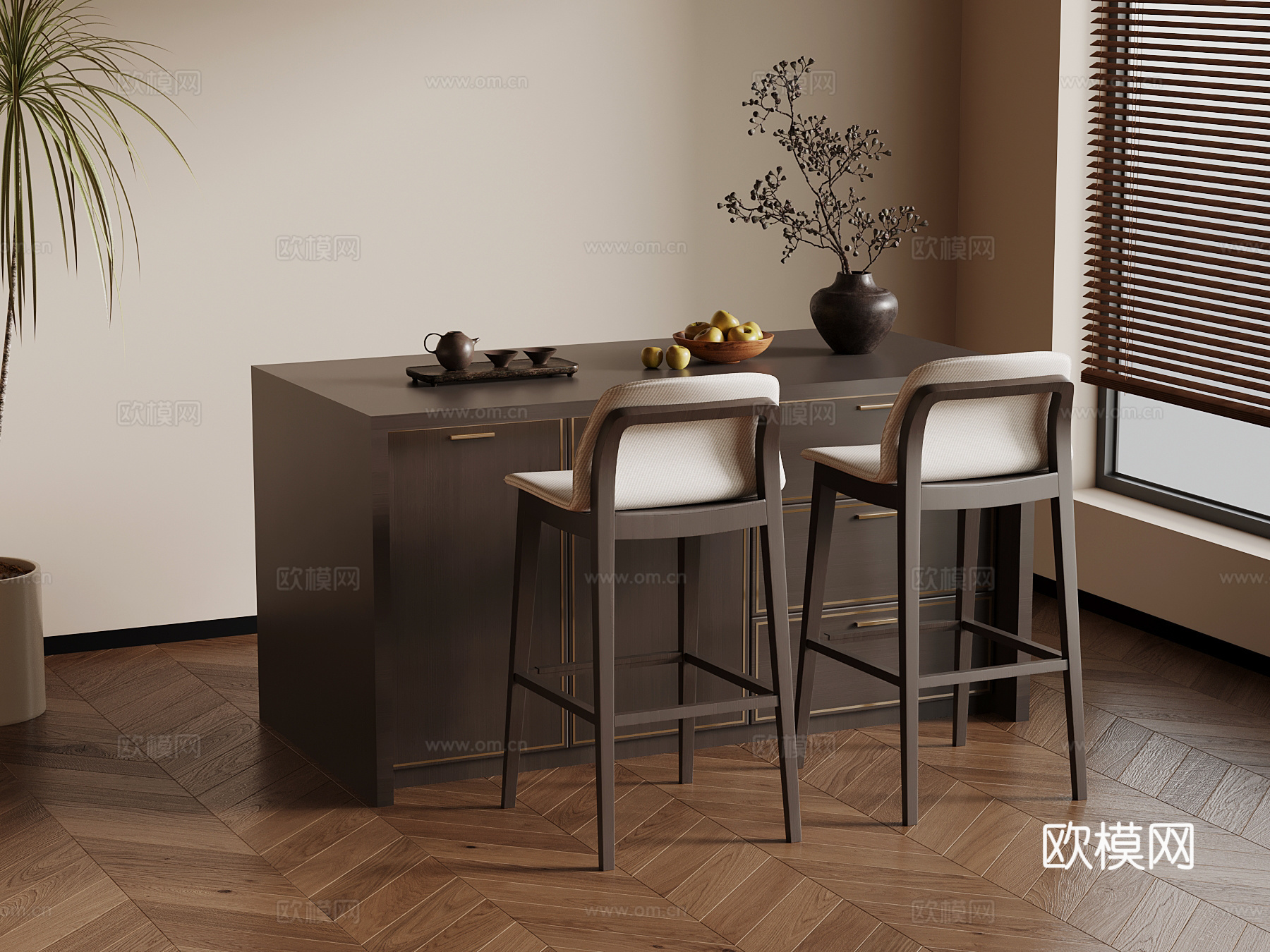 新中式岛台 吧台 餐桌椅su模型