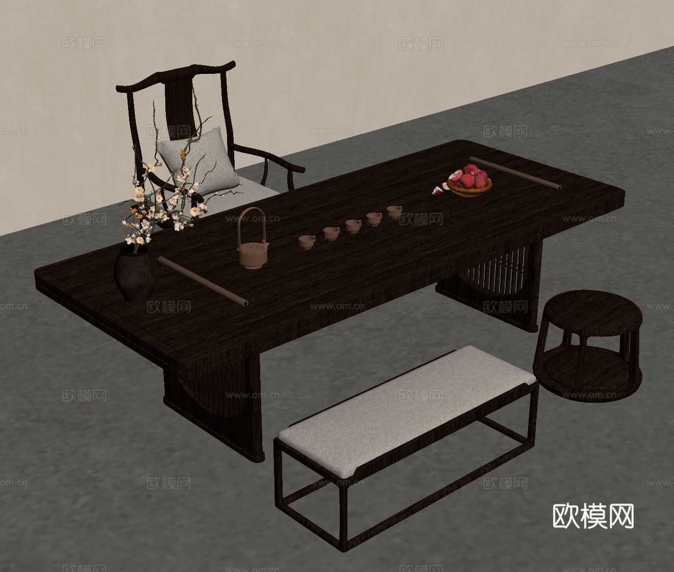 新中式茶桌椅su模型