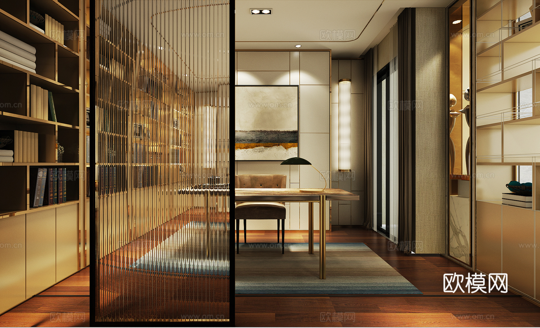 简欧书房空间3d模型下载（渲染图1）