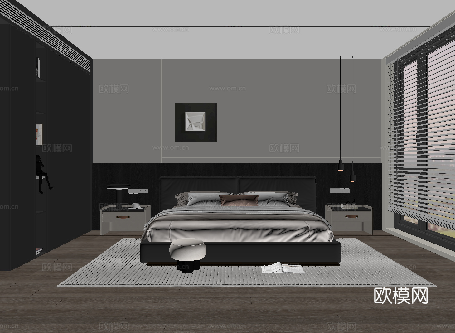 现代意式卧室 简约卧室 主卧 双人床 床头柜 衣柜su模型