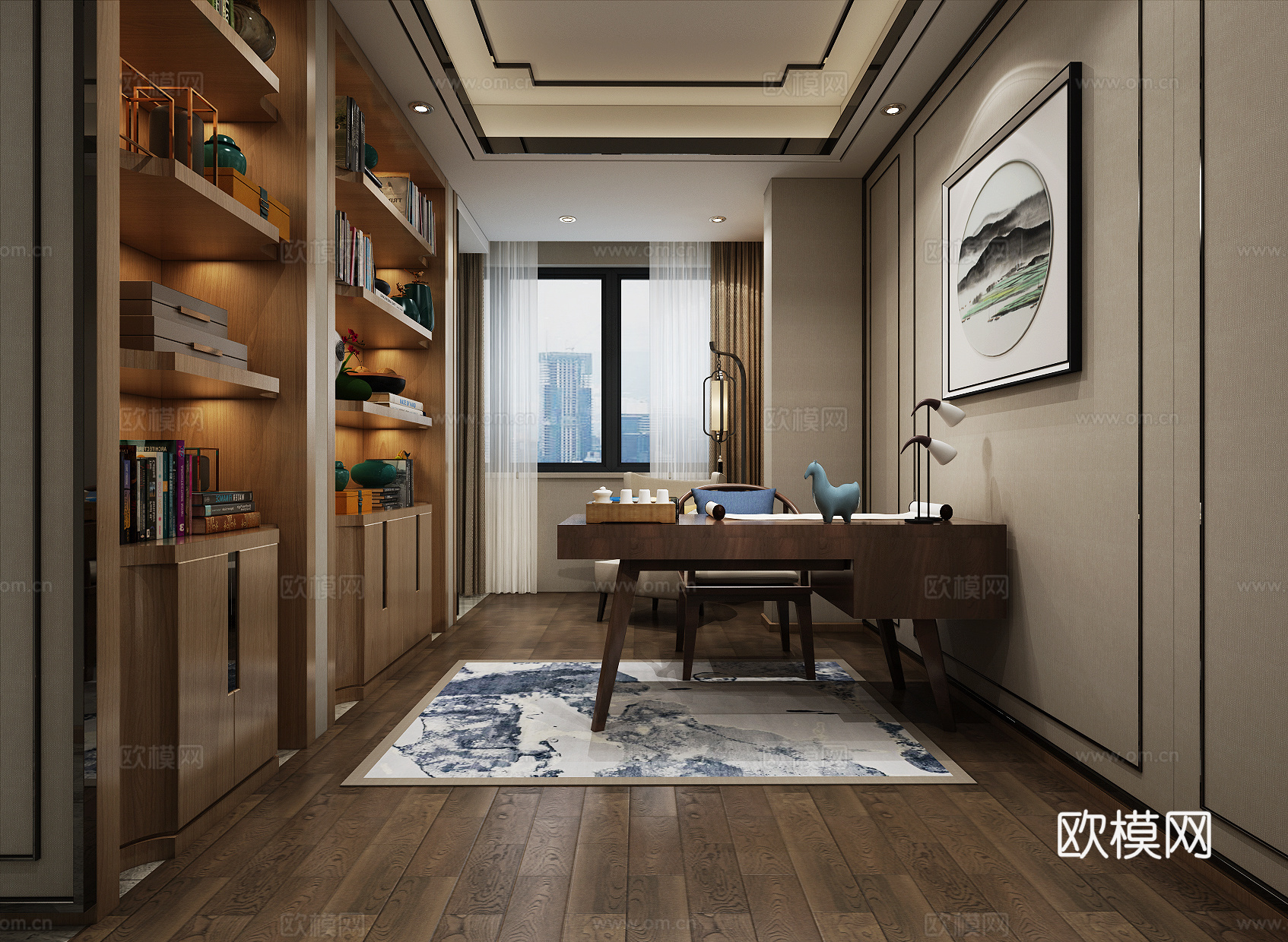 新中式书房空间3d模型下载（渲染图1）
