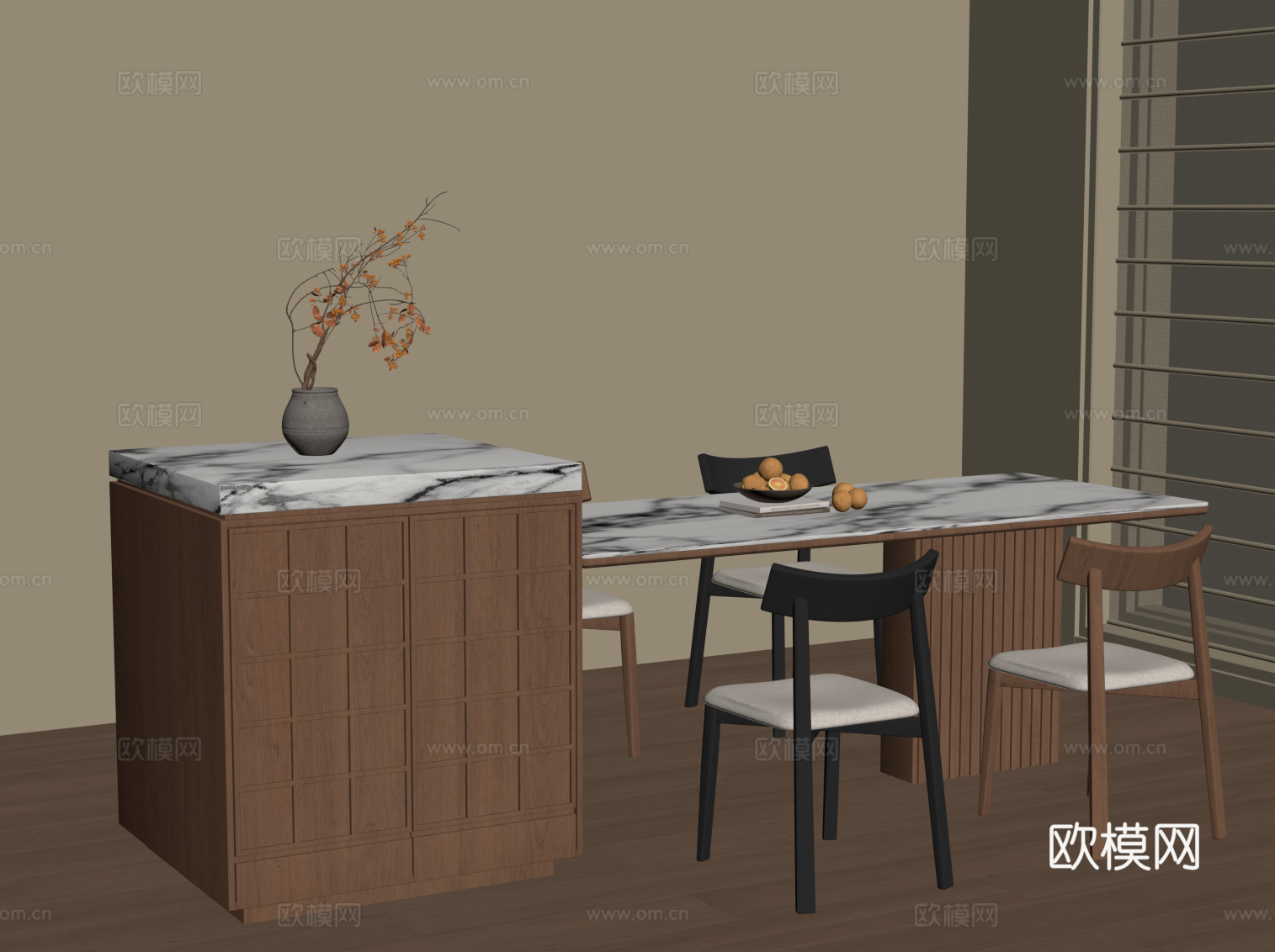 中古岛台 开放式餐桌椅su模型