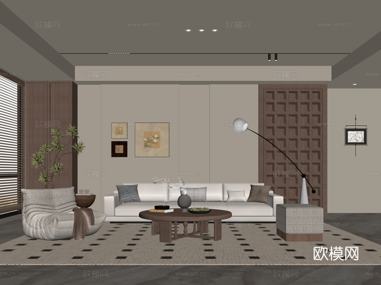 现代中古风客厅 沙发茶几组合su模型