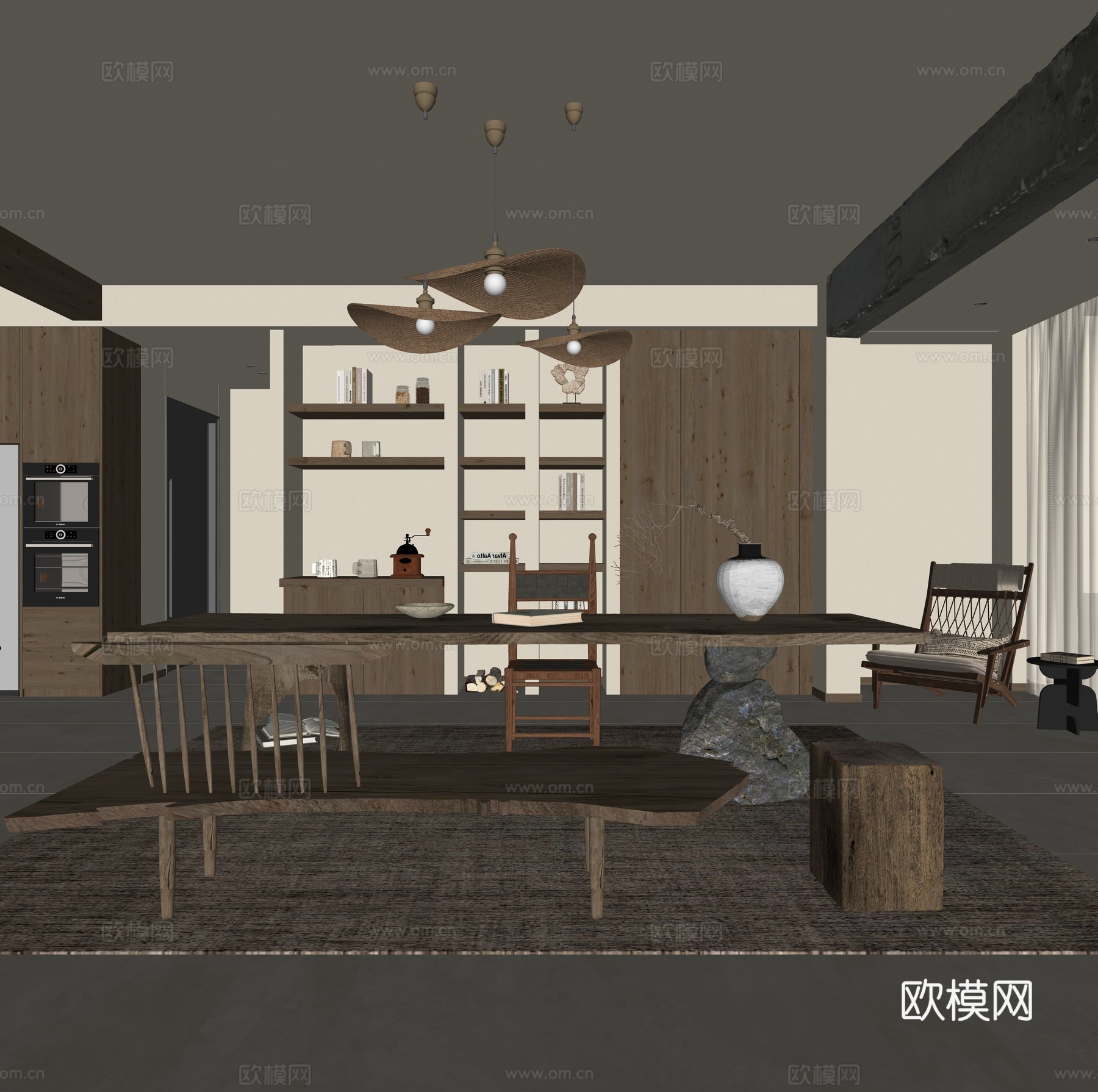 侘寂风客厅 侘寂风书房 侘寂风茶室 大板桌 茶台 长凳 吊灯su模型