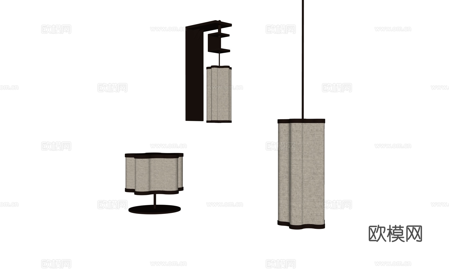 新中式壁灯吊灯台灯组合su模型