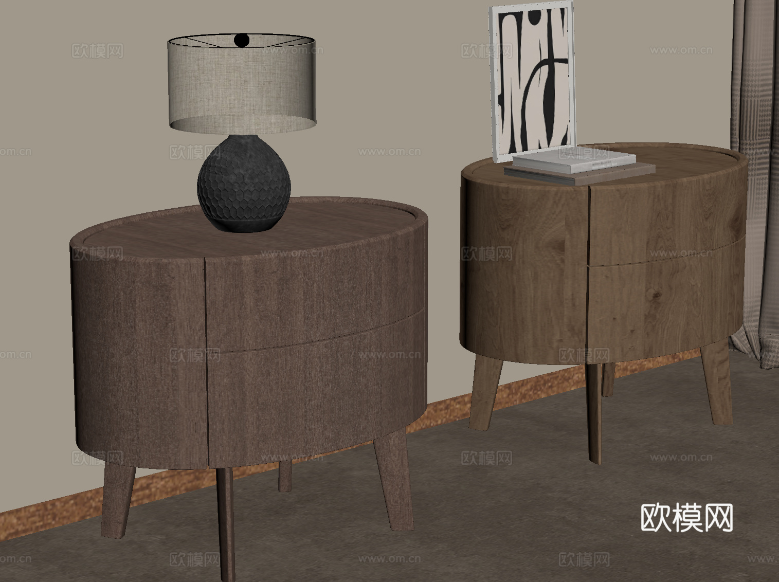 现代中古风床头柜 实木床头柜su模型