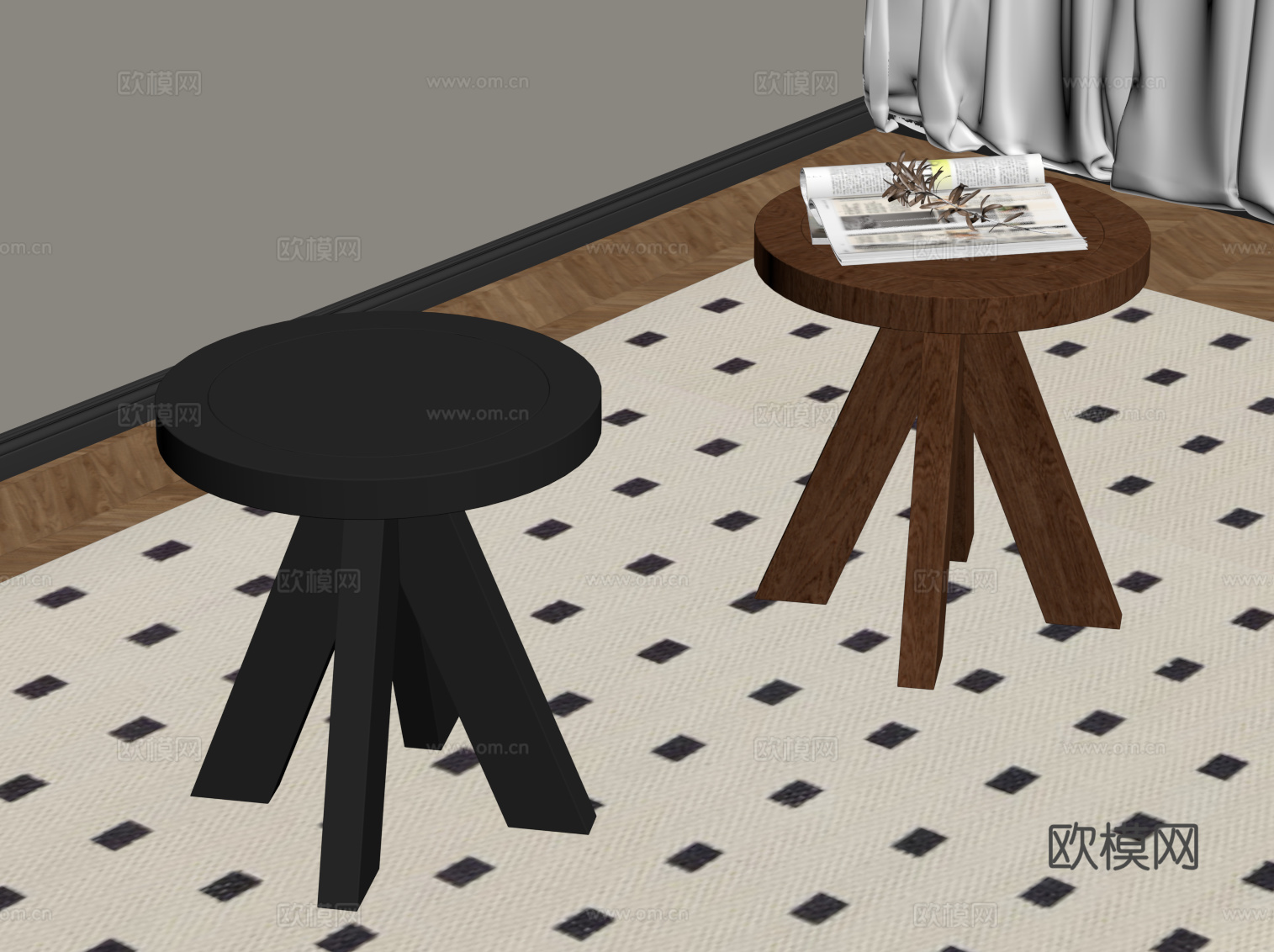 法式中古边几 圆几 木凳su模型