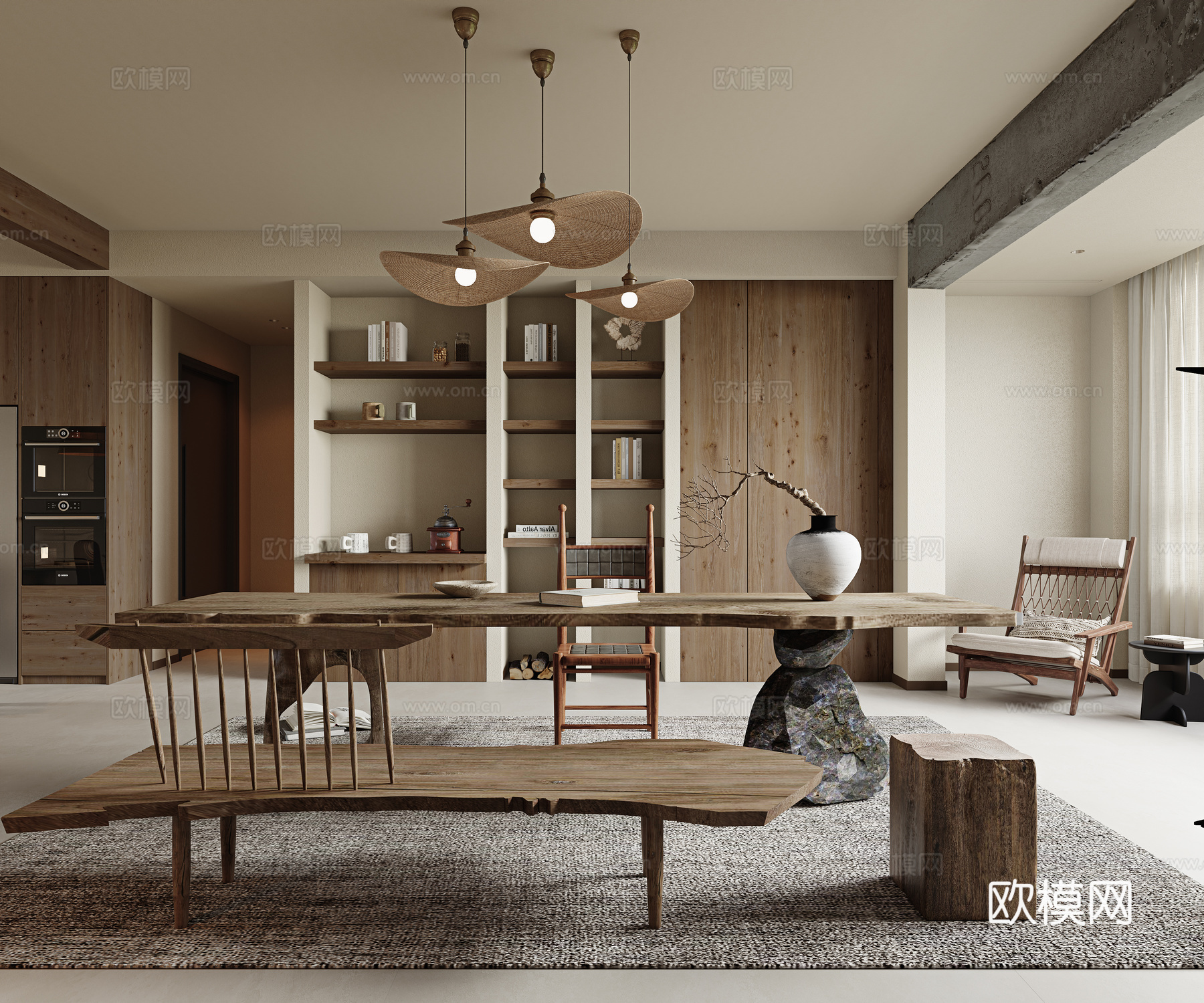 侘寂风客厅 侘寂风书房 侘寂风茶室 大板桌 茶台 长凳 吊灯su模型