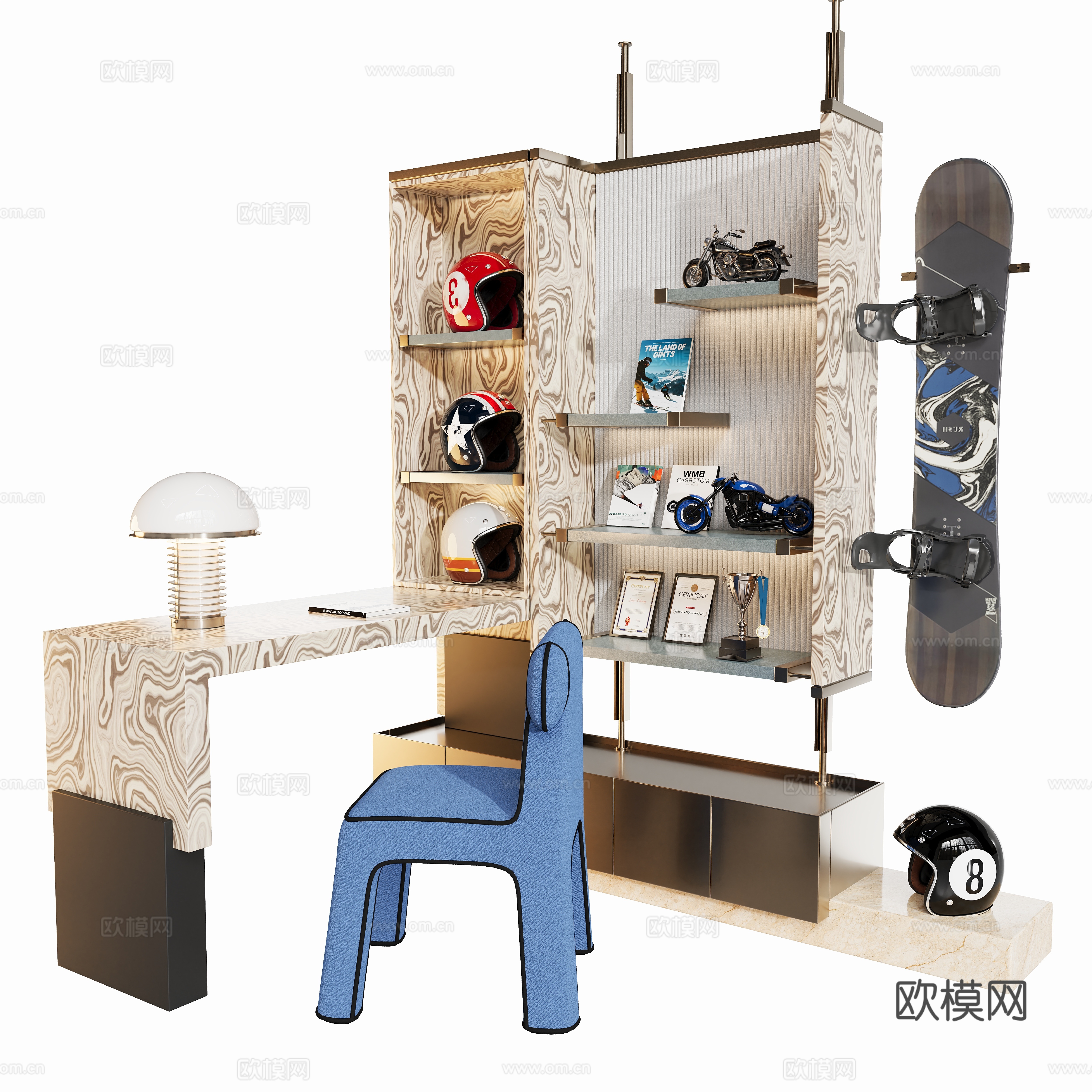现代摩托主题衣柜 开放柜  书桌椅3d模型下载（渲染图1）