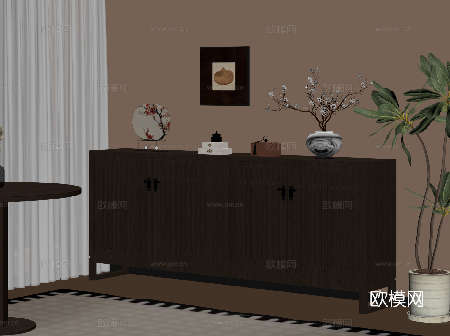 新中式玄关柜 边柜su模型下载（渲染图2）