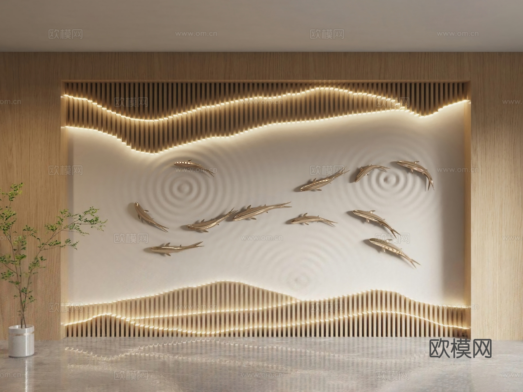 新中式鱼群 游鱼背景墙 文化墙su模型