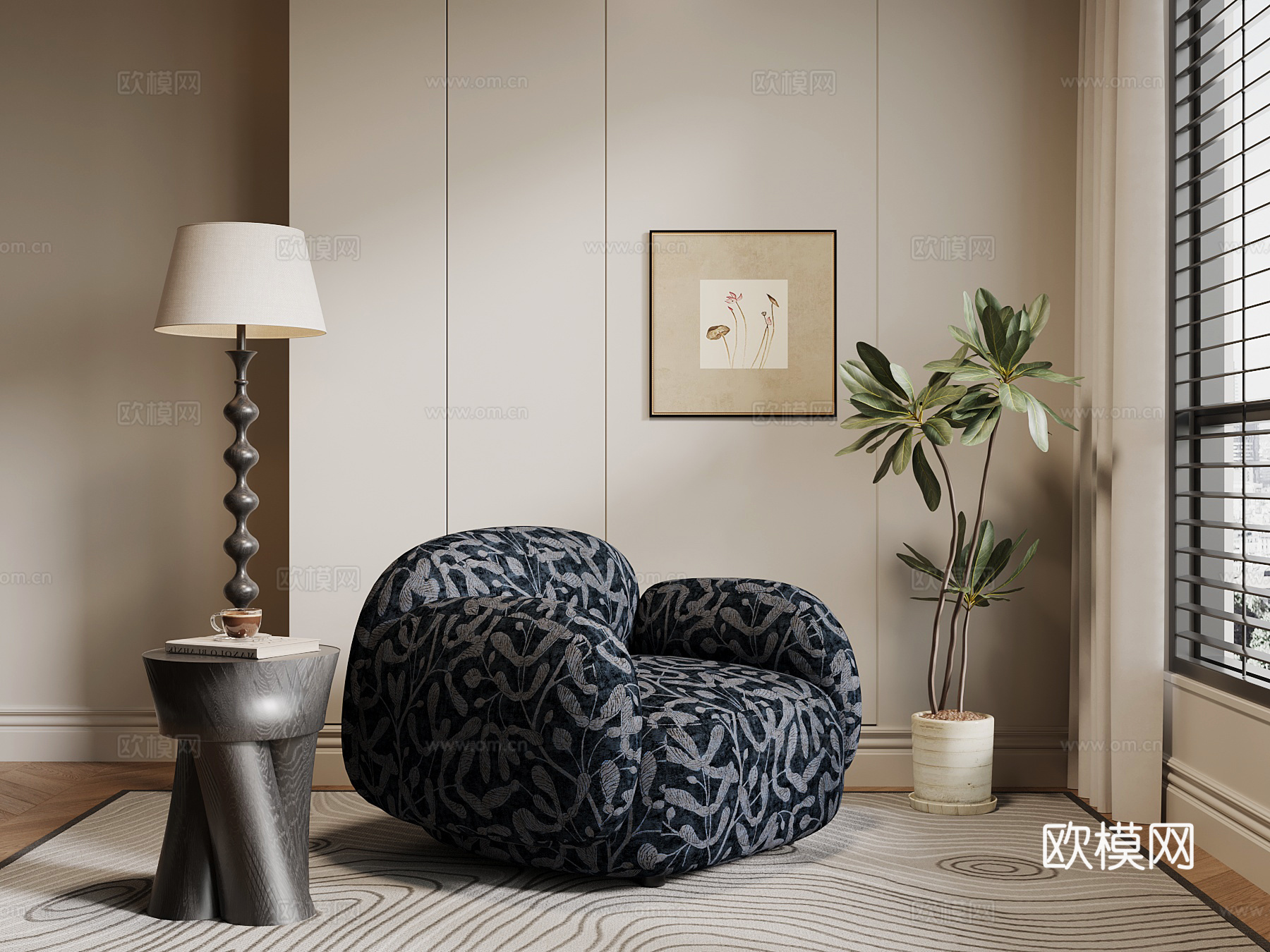 现代中古风单人沙发 布艺休闲沙发su模型