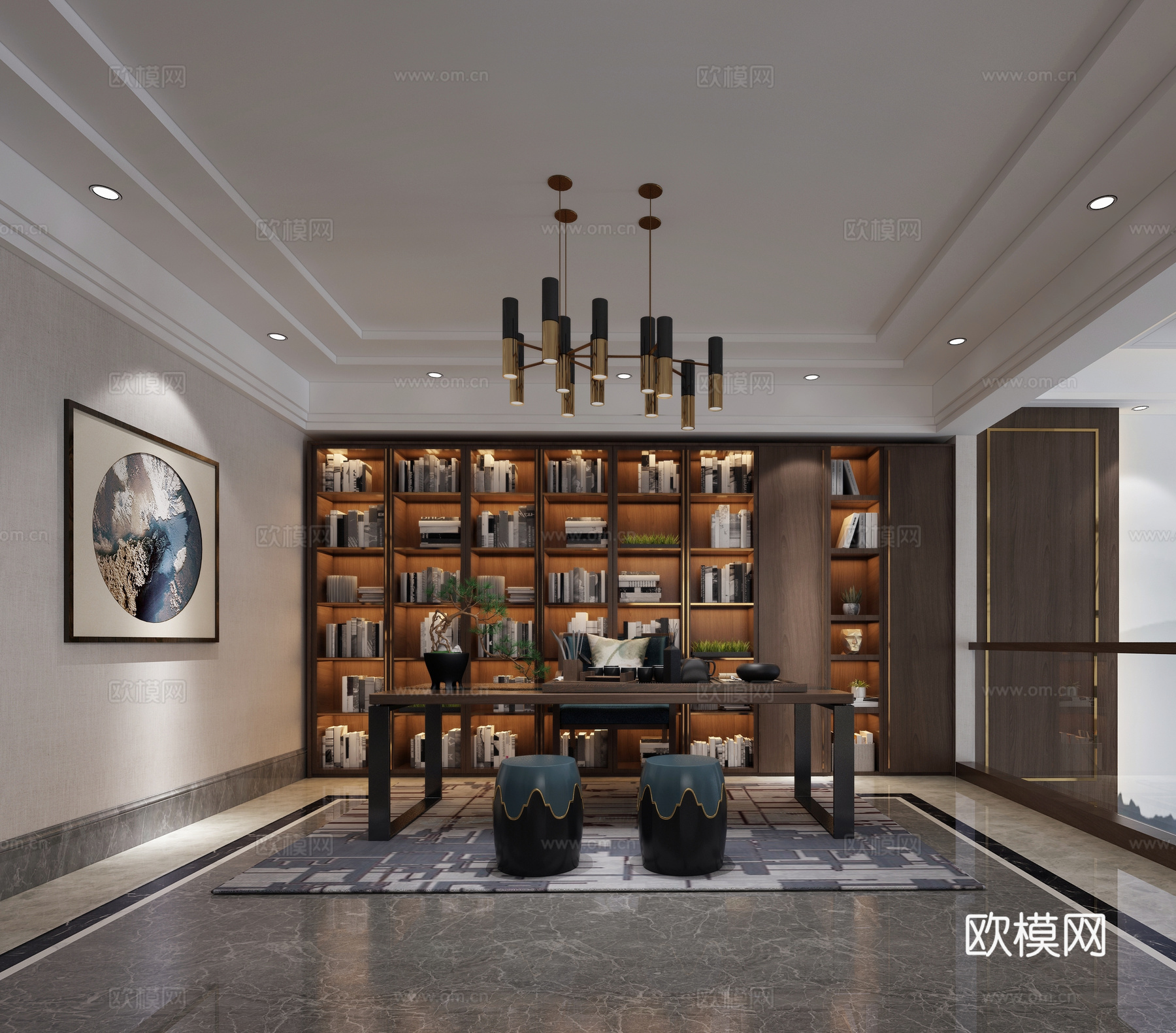 新中式别墅书房 挂画书桌书柜吊灯3d模型下载